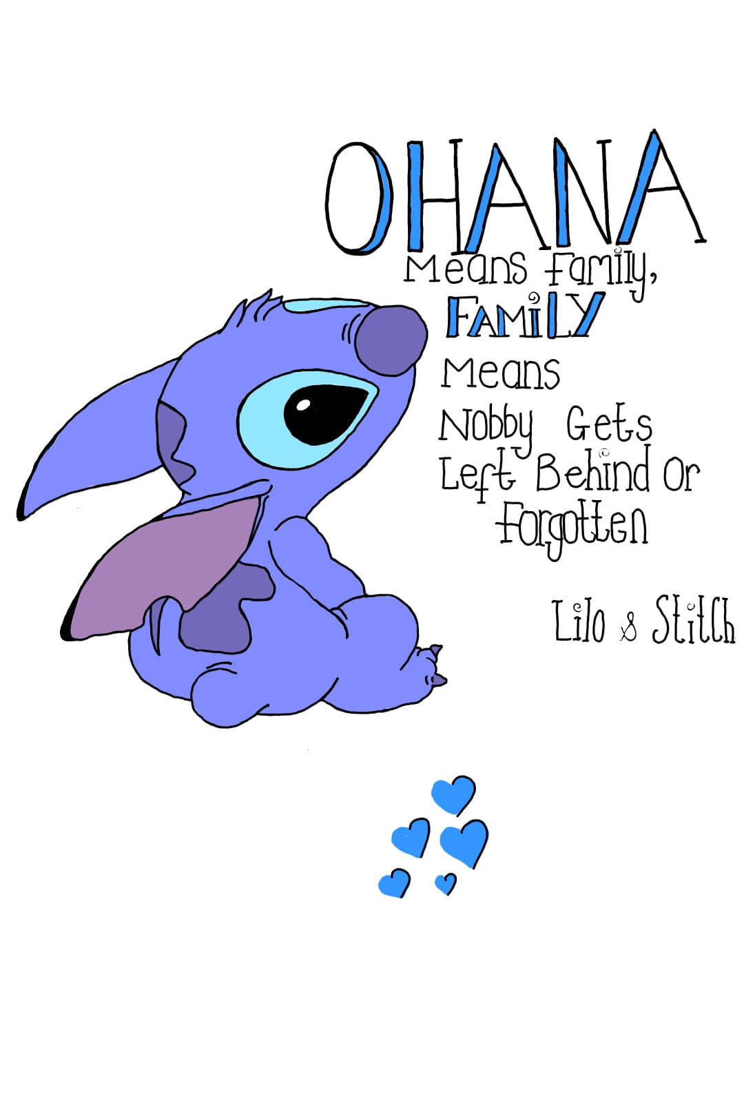 藍色外星人史迪奇與關於 Ohana 意思是家人和心形的文字 — 星際寶貝 壁紙