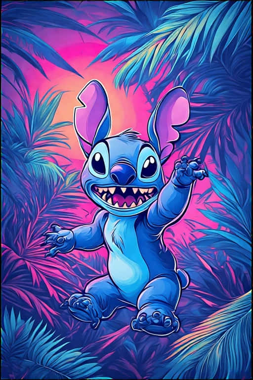 Stitch’s Tropical 3D Pop 壁紙 — 一個藍色卡通外星人，有大眼睛和尖牙，快樂地坐在發光的霓虹棕櫚葉中，背景是粉紅色和橙色的天空。