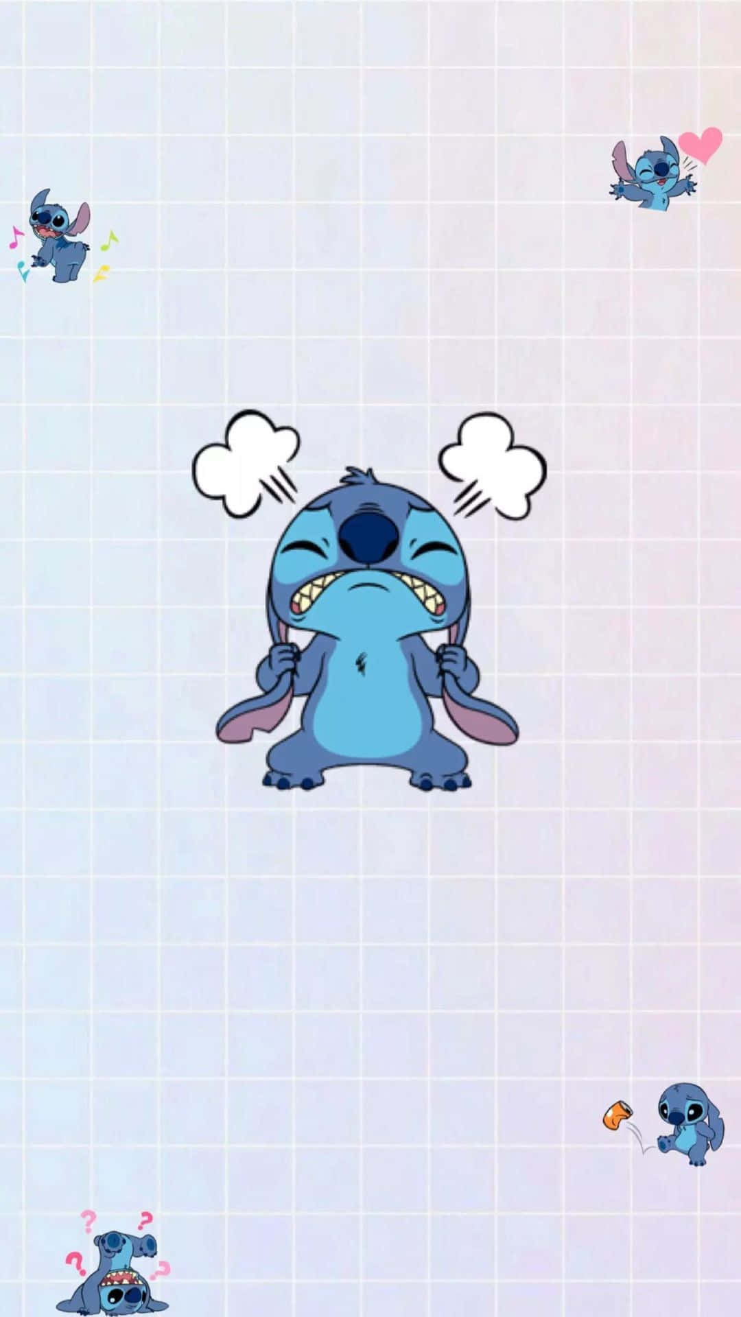 Stitch 桌布 壁紙 — 一個藍色卡通外星人，頭頂有蒸氣雲，坐在淺色網格背景中央，角落有較小的自己。