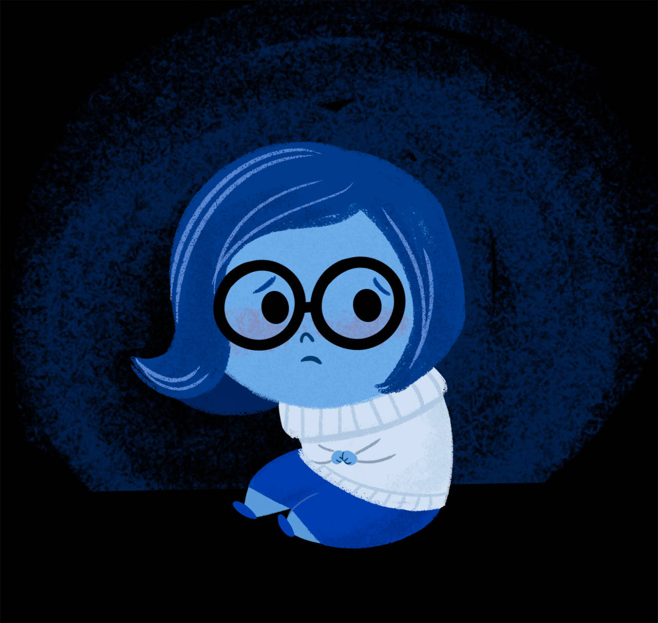 sadness 桌布 壁紙 — 一個藍色卡通女孩戴著眼鏡，穿著白色毛衣，悲傷地坐在深色紋理背景前。
