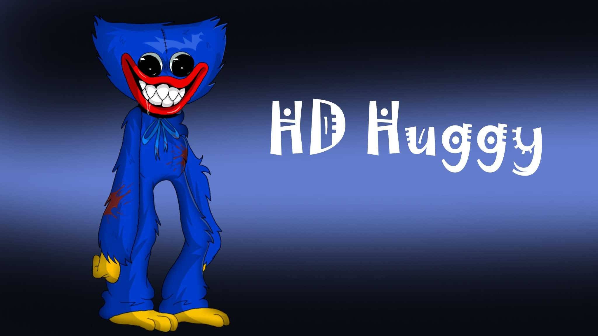 Huggy 桌布 壁紙 — 一個藍色卡通怪物，張開大嘴露出牙齒的笑容，黃色的腳，站在深藍色漸變背景前。
