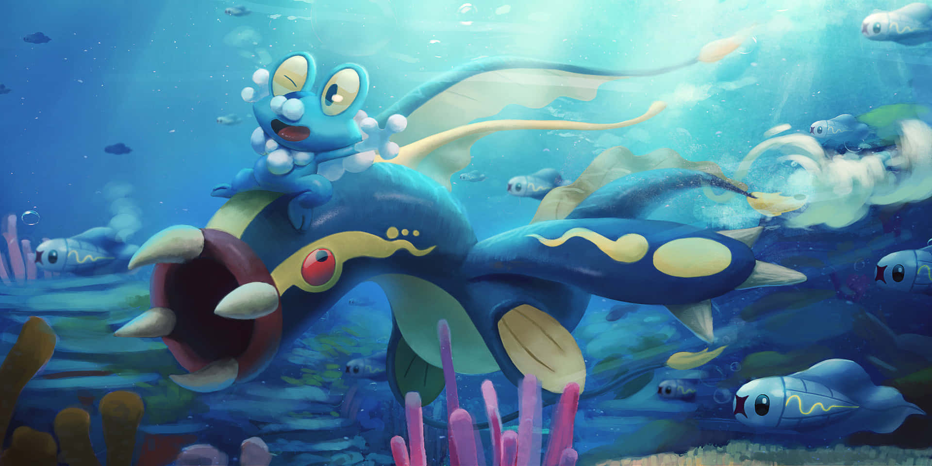 Pokemon Aesthetic 桌布 壁紙 — 一個藍色卡通生物帶著泡泡，騎著一條大藍魚穿過陽光普照的珊瑚礁，周圍有小魚游來游去。