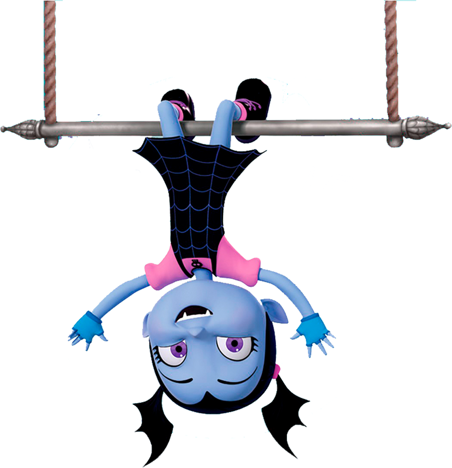 Vampirina 桌布 壁紙 — 一個藍色卡通蜘蛛女孩倒掛在金屬桿上，穿著黑色網狀服裝和粉紅色蝴蝶結。