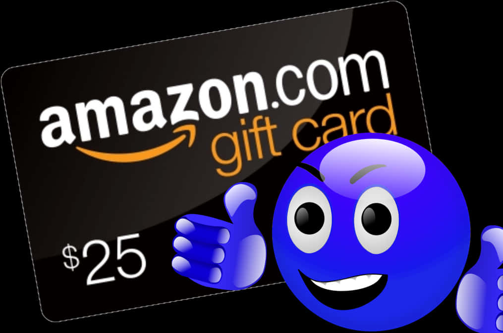 Amazon Gift Card 桌布 壁紙 — 一個藍色卡通表情符號，大眼睛和燦爛笑容，在顯示$25的黑色Amazon禮品卡旁邊豎起兩個大拇指。