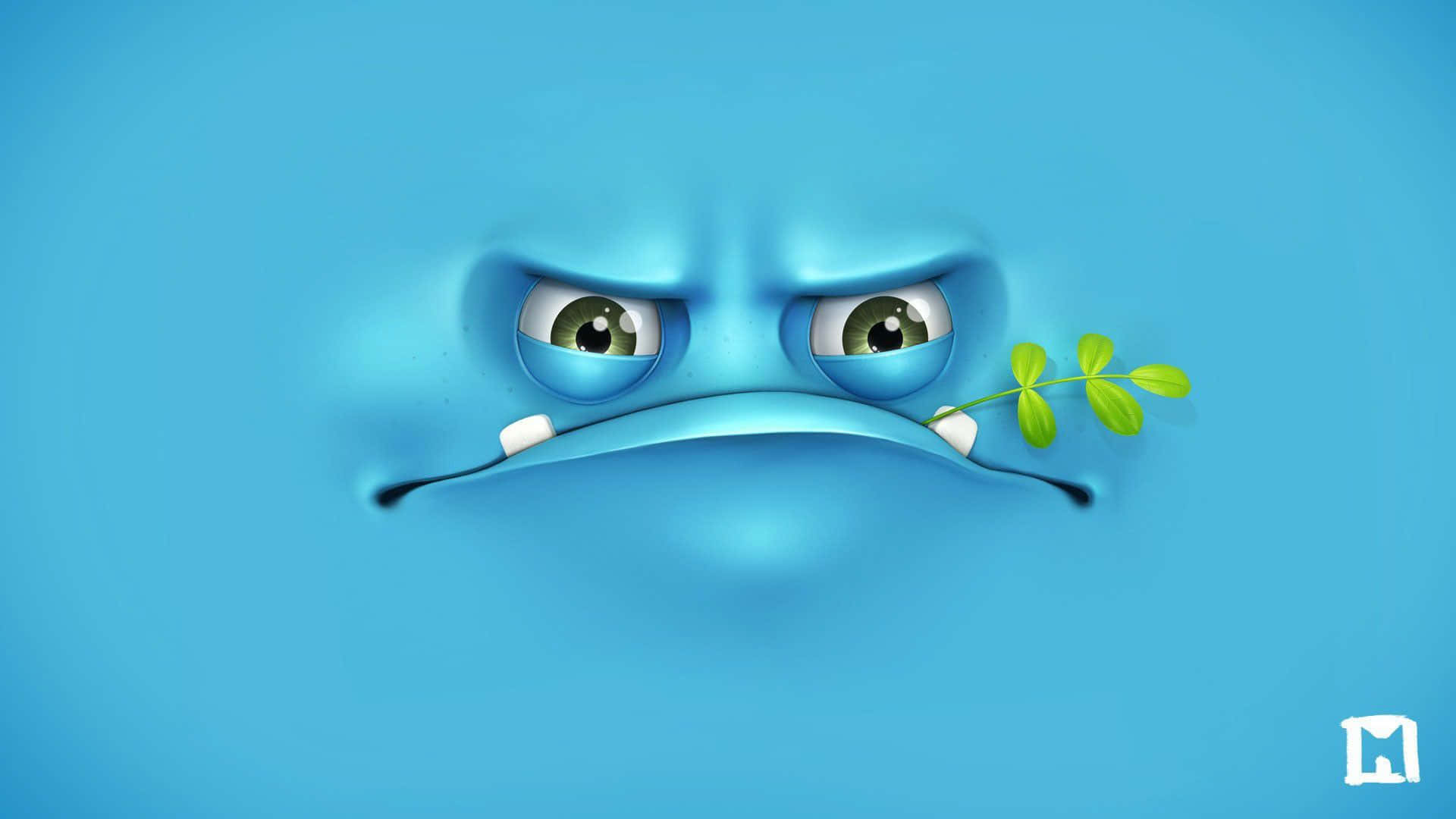 Animated Cartoon 桌布 壁紙 — 一個藍色卡通角色，帶有憤怒的眼神和皺眉，嘴裡叼著一個小綠芽。