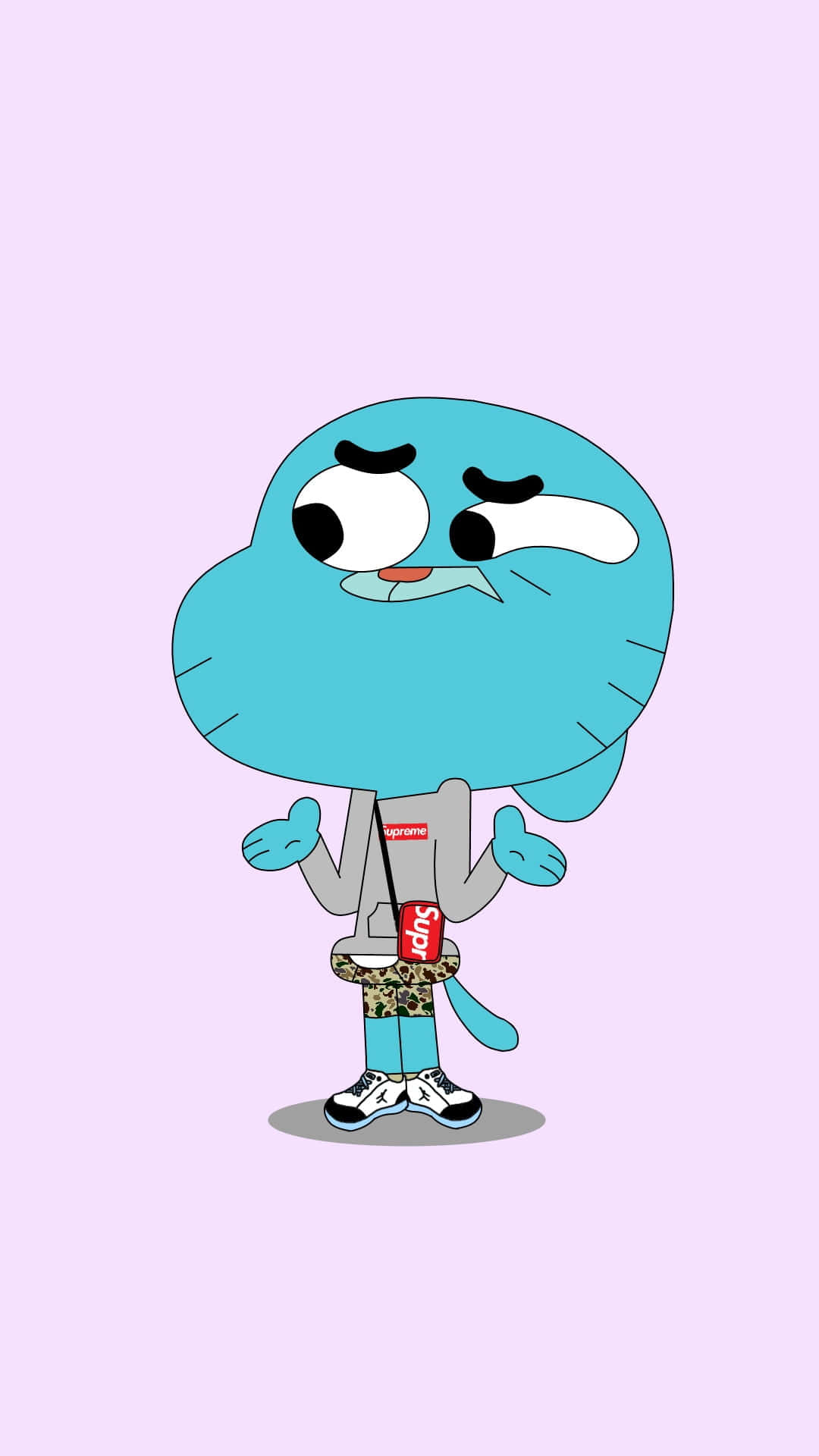 the amazing world of gumball 桌布 壁紙 — 一個藍色卡通角色帶著不悅的表情，穿著灰色連帽衫和Supreme袋，背景是柔和的薰衣草色。