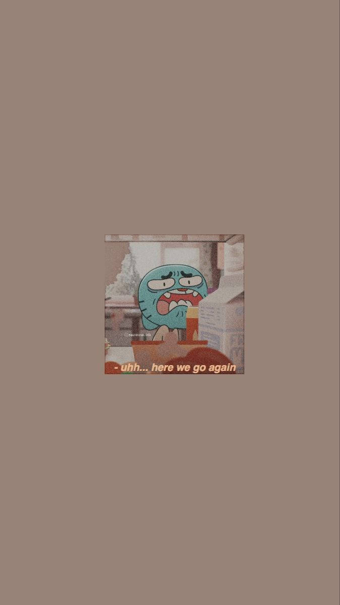Gumball Aesthetic 桌布 壁紙 — 一個藍色卡通角色帶著痛苦的表情，在昏暗的房間裡拿著飲料，房間帶有復古美學。