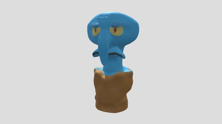 Squidward 桌布 壁紙 — 一個藍色卡通魷魚半身像，黃色眼睛和紅色瞳孔，從棕色岩石底座上浮現，背景是純灰色。