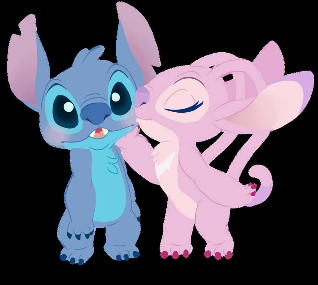 Love Stitch And Angel 桌布 壁紙 — 一個藍色和一個粉紅色像史迪奇的外星人角色在黑色背景上親切地擁抱。