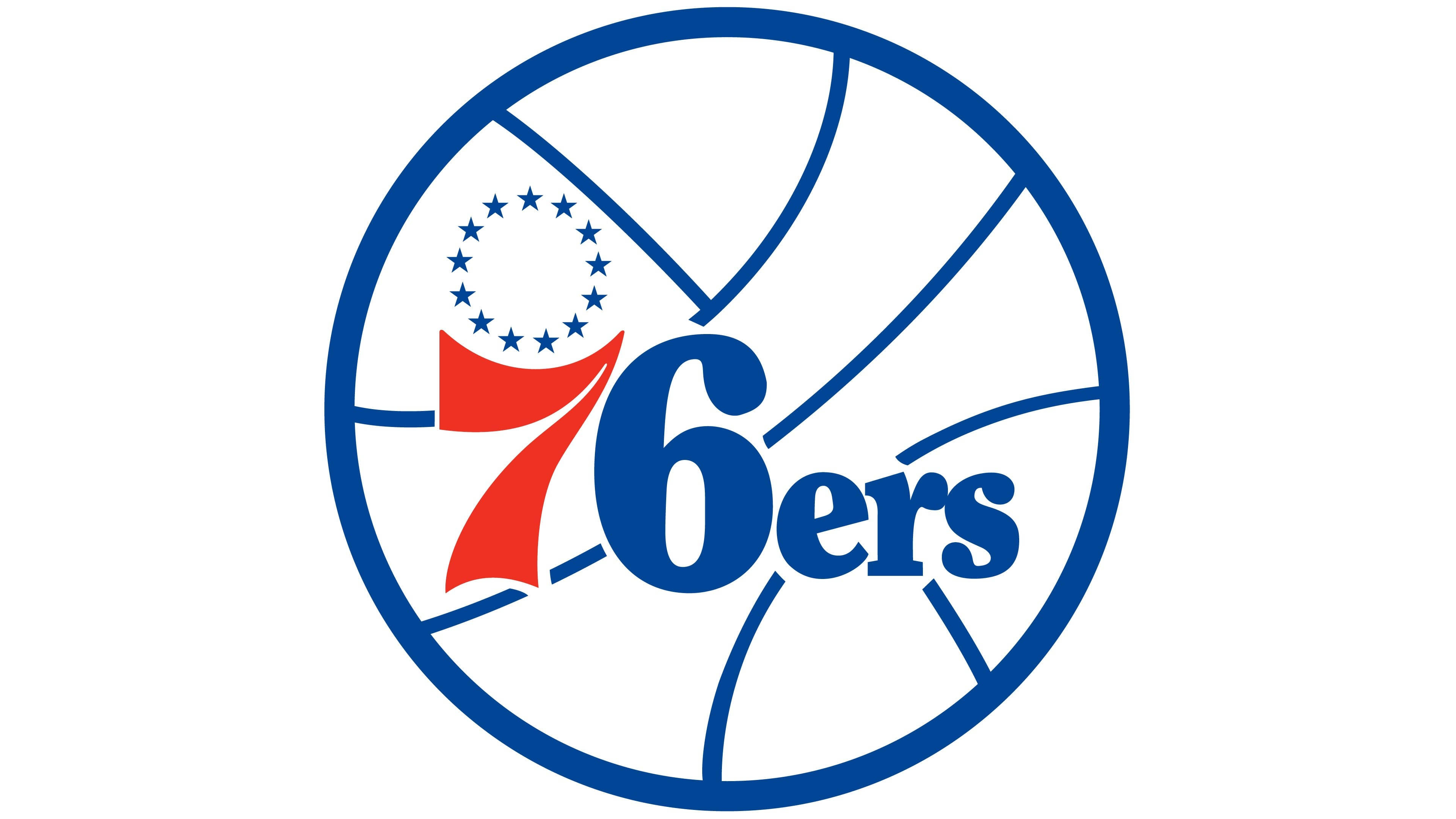 76ers 桌布 壁紙 — 一個藍色和紅色的費城76人籃球標誌，帶有星星和條紋設計，背景為白色。