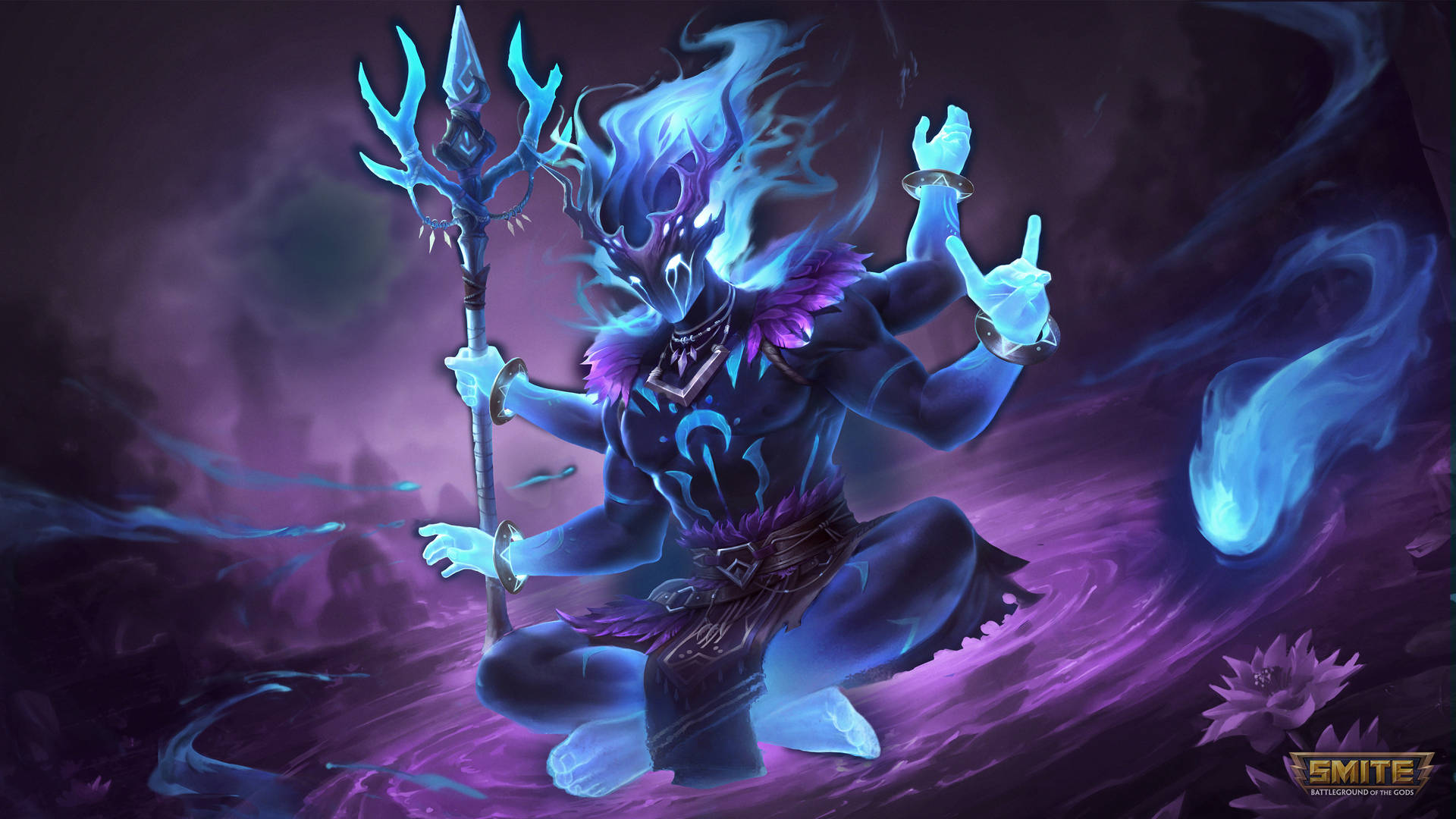 一個藍色惡魔形象拿著三叉戟，坐在神秘的紫色環境中。 — 濕婆神 壁紙