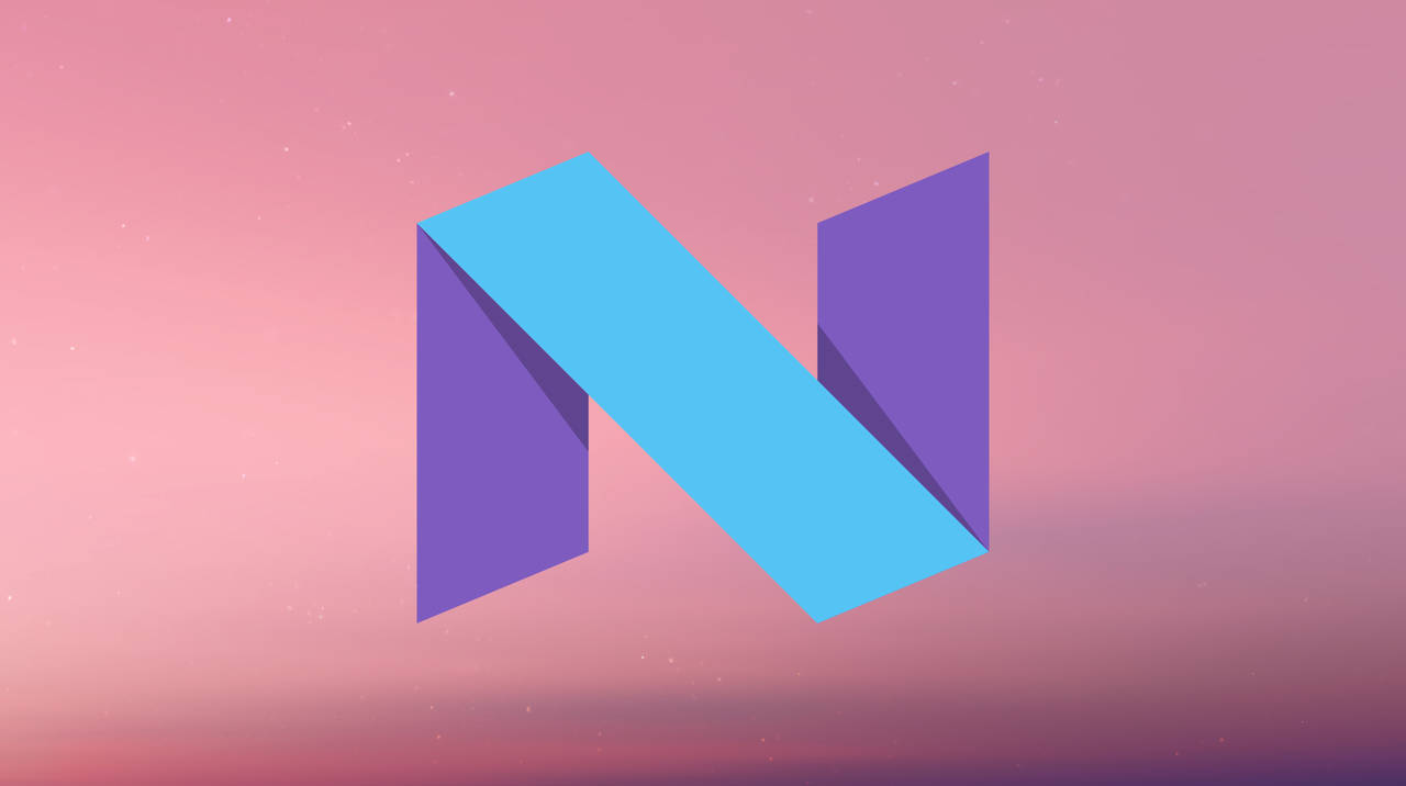 Letter N 桌布 壁紙 — 一個藍色和紫色的風格化3D字母N漂浮在柔和的粉紅色和紫色漸變天空上，帶有微妙的星星。