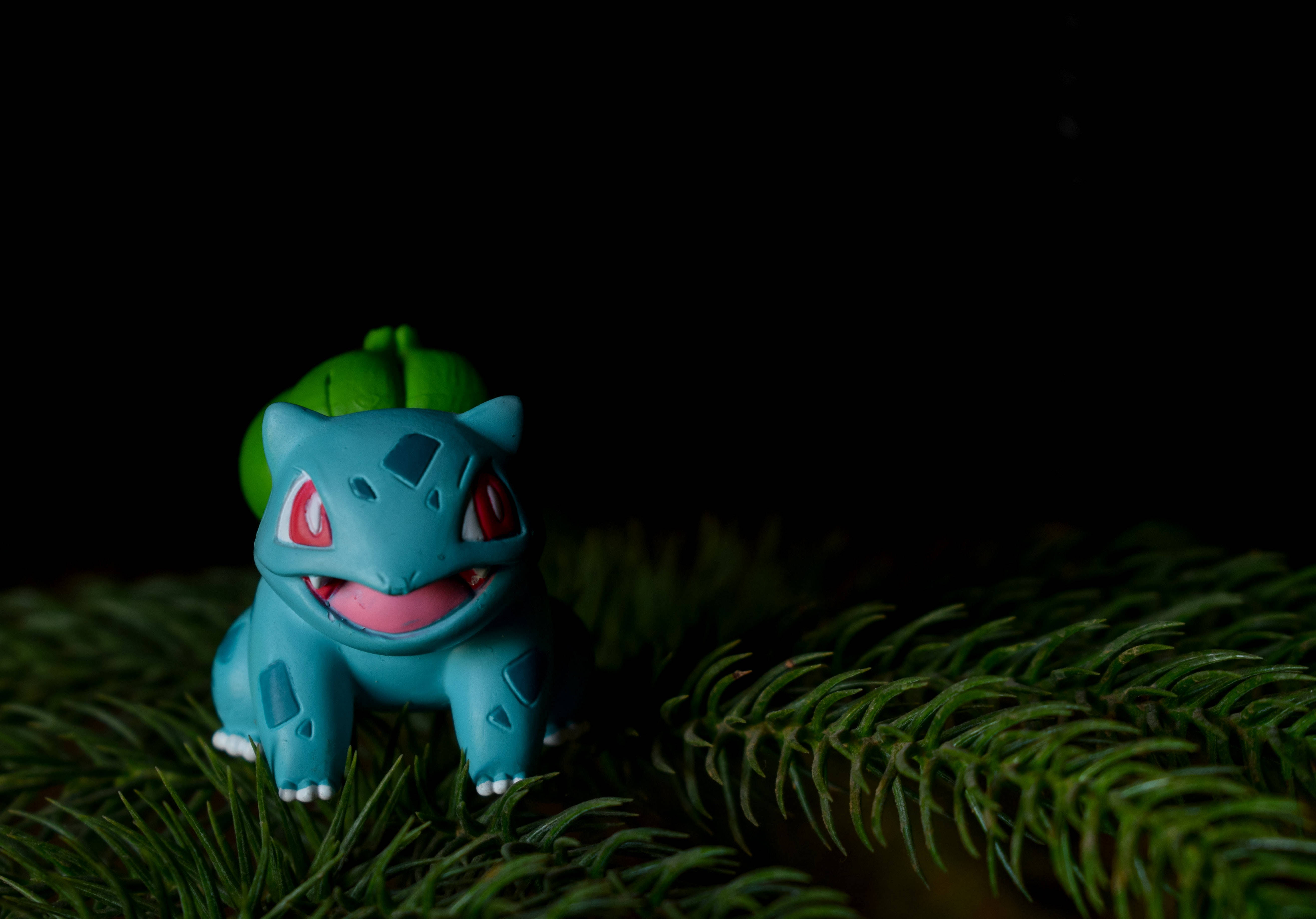 Bulbasaur 桌布 壁紙 — 一個藍色和綠色的 Bulbasaur 玩具在黑色背景的深色松針上燦爛地微笑。