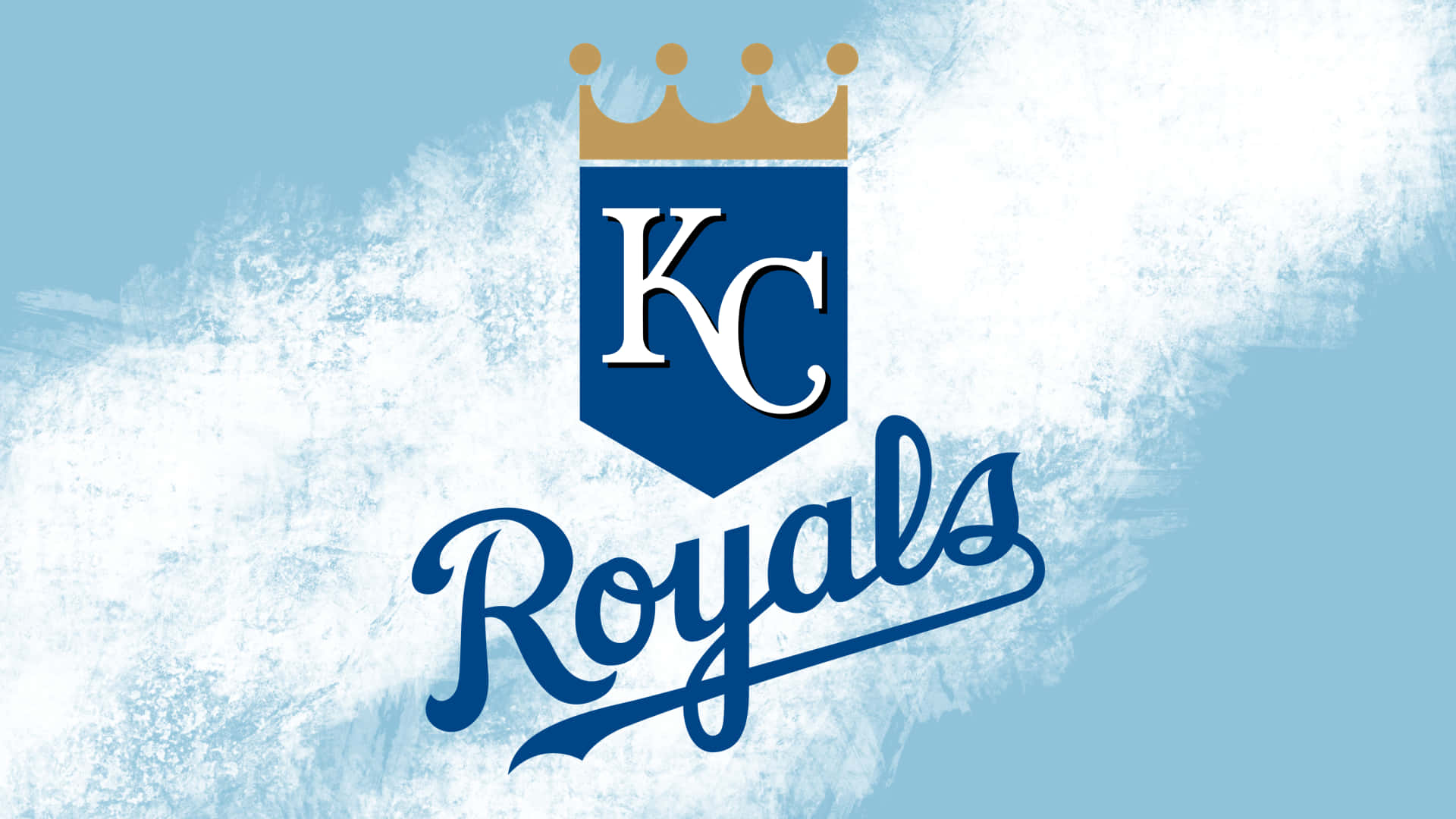 Kc Royals 桌布 壁紙 — 一個藍色和金色的KC Royals標誌，帶有皇冠，位於有紋理的淺藍色和白色背景上。