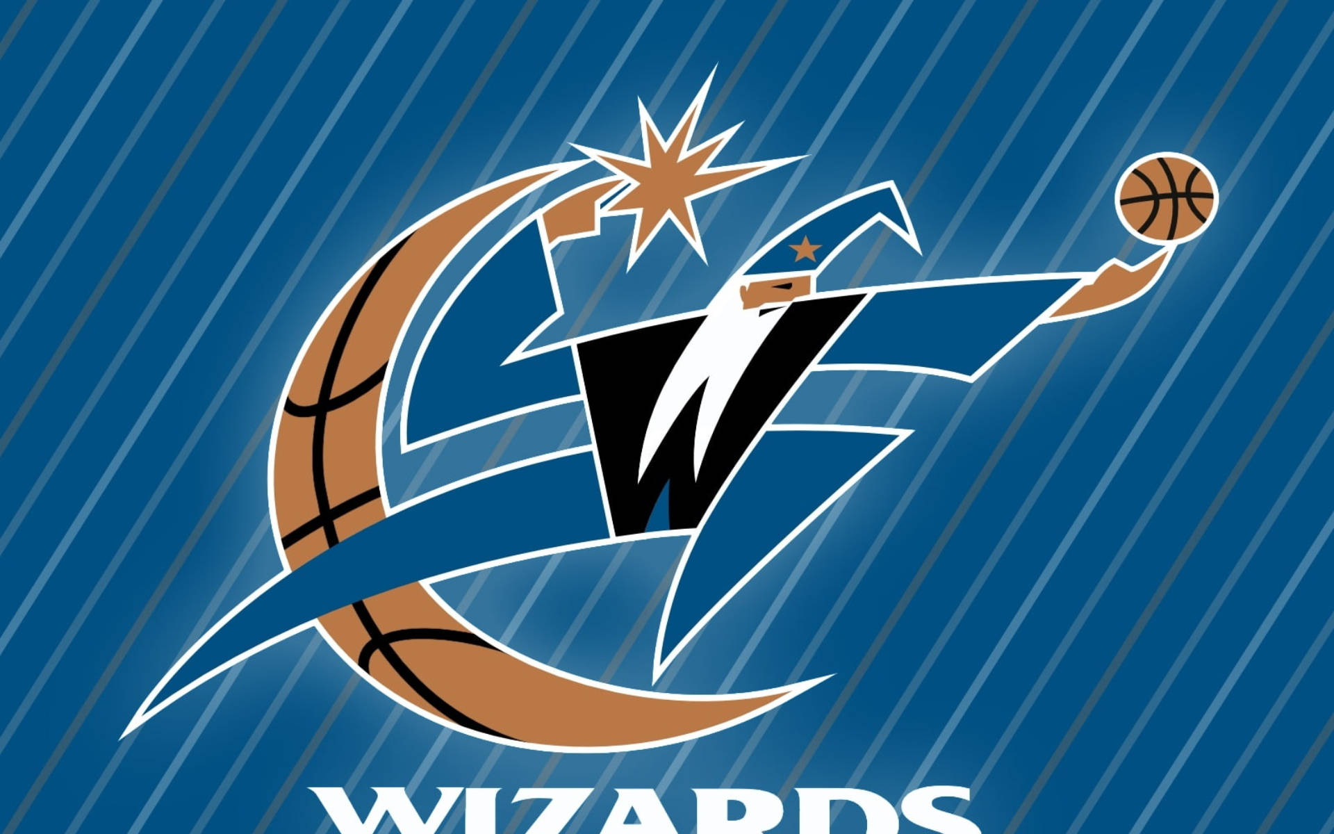 Wizards 桌布 壁紙 — 一個藍色和金色的風格化巫師在對角藍色背景上施展籃球咒語。