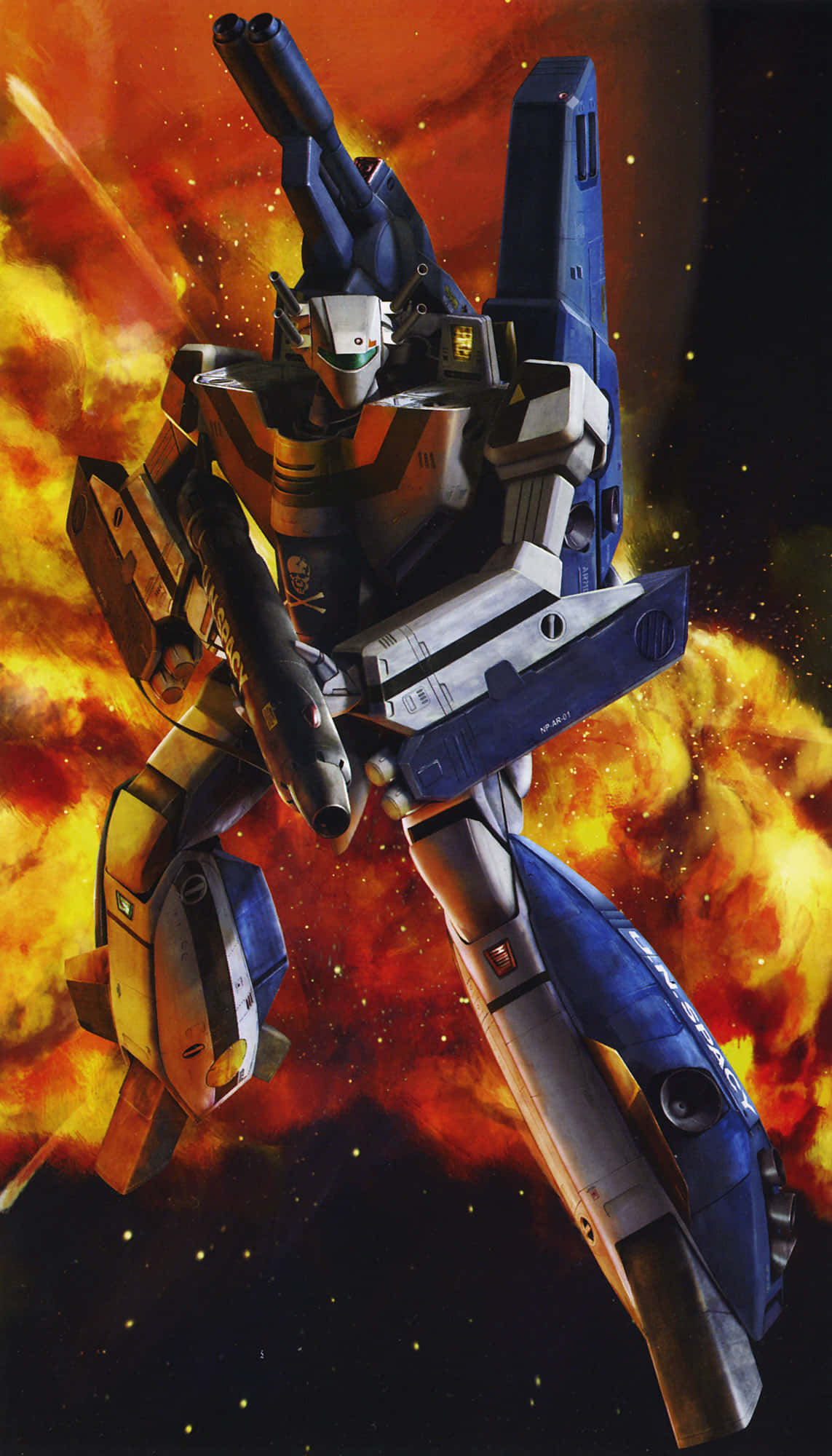 robotech 桌布 壁紙 — 一個藍色和銀色的機器人，在背景有發光星星的熾熱宇宙爆炸中，挑釁地站立著。