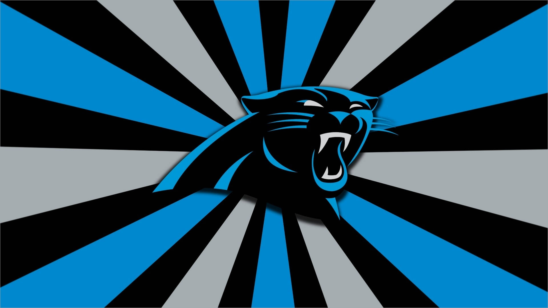 Panthers 桌布 壁紙 — 一個藍色和黑色的咆哮黑豹標誌在條紋背景上向外輻射。