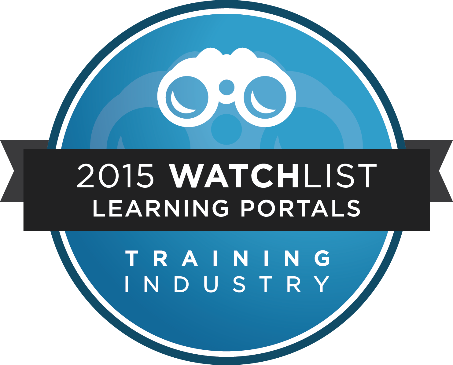 Learning 桌布 壁紙 — 一個藍色圓形徽章，帶有望遠鏡圖示和文字 2015 WATCHLIST LEARNING PORTALS TRAINING INDUSTRY。