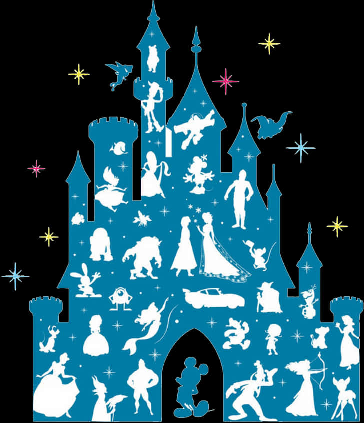 Disney Castle Silhouette 桌布 壁紙 — 一個藍色城堡剪影，內部充滿白色迪士尼角色剪影，背景為黑色並帶有彩色星星。