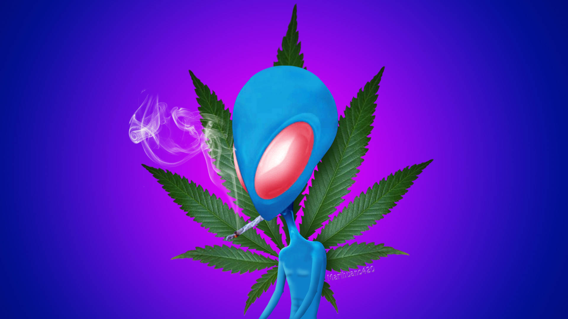 chill stoner 桌布 壁紙 — 一個藍色外星人，有一隻發光的紅色眼睛，在紫色漸層背景上被大麻葉包圍著吸食大麻煙。