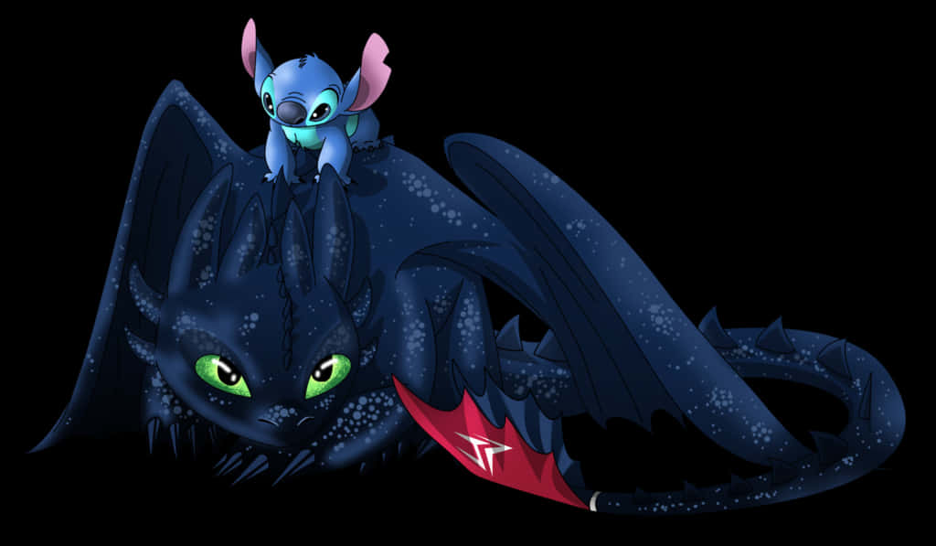 Toothless And Stitch 桌布 壁紙 — 一個藍色外星人，有粉紅色耳朵，坐在一隻深藍色、眼睛發綠光的龍上，背景為黑色。