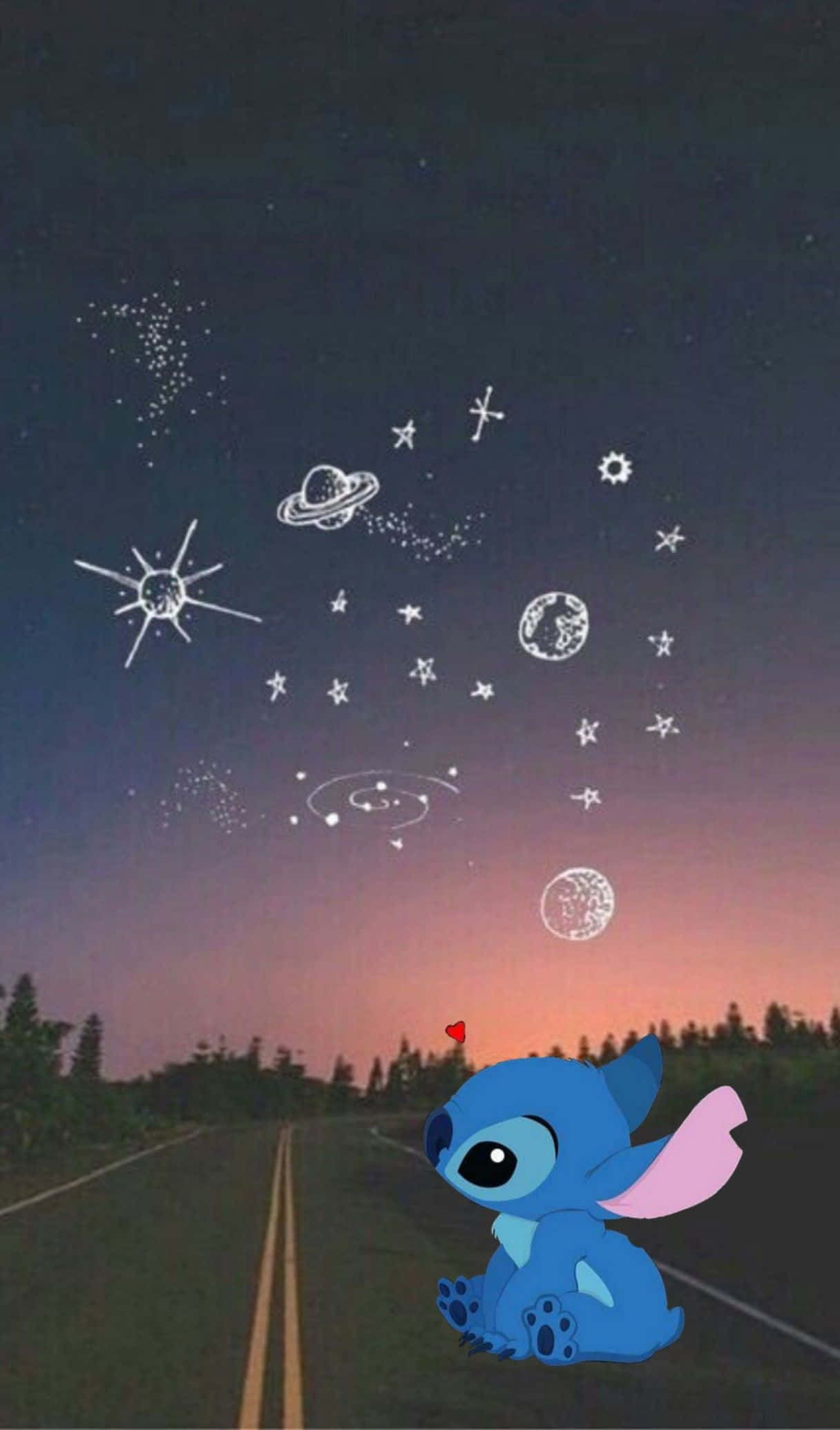 Sad Stitch 桌布 壁紙 — 一個藍色外星人坐在路上，凝視著佈滿手繪星星、行星和星系的暮色天空。