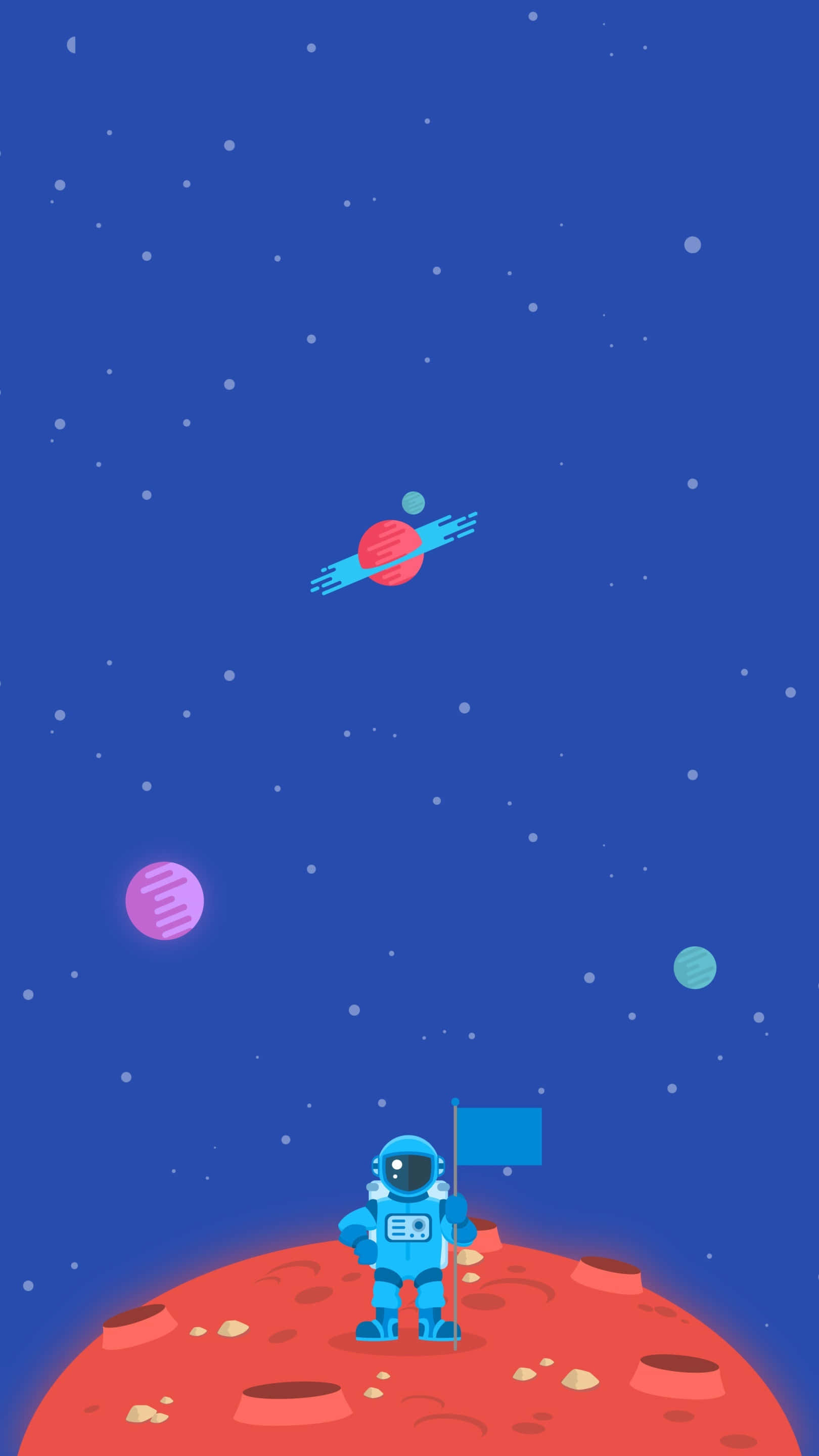 Minimalist Space 桌布 壁紙 — 一個藍色太空人站在紅色星球上，在滿天星星和飄過的彩色星球下舉著旗子。