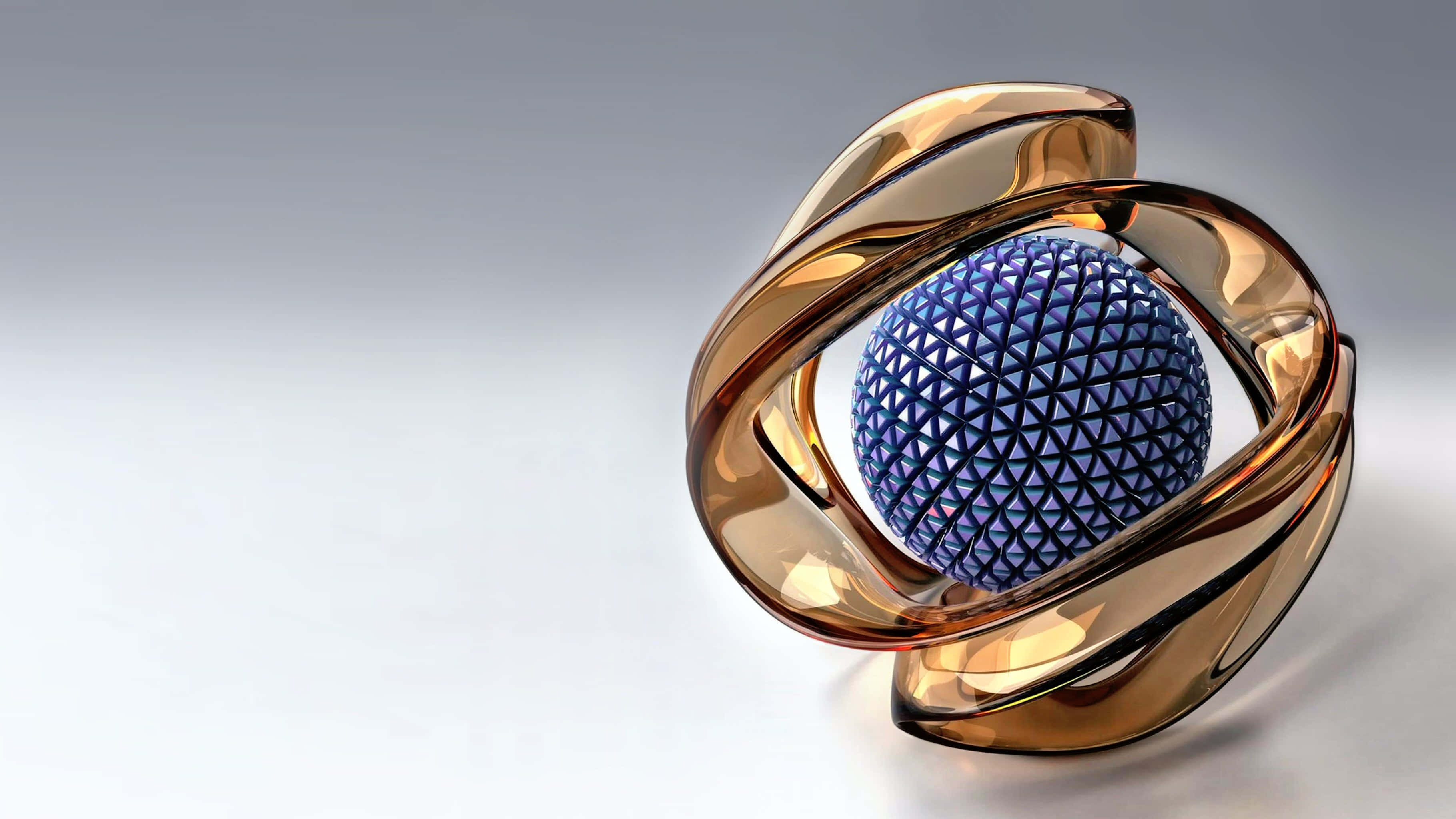 Jewellery 桌布 壁紙 — 一個藍色幾何球體被流動的金屬金色環圈包裹，背景為柔和漸變色。