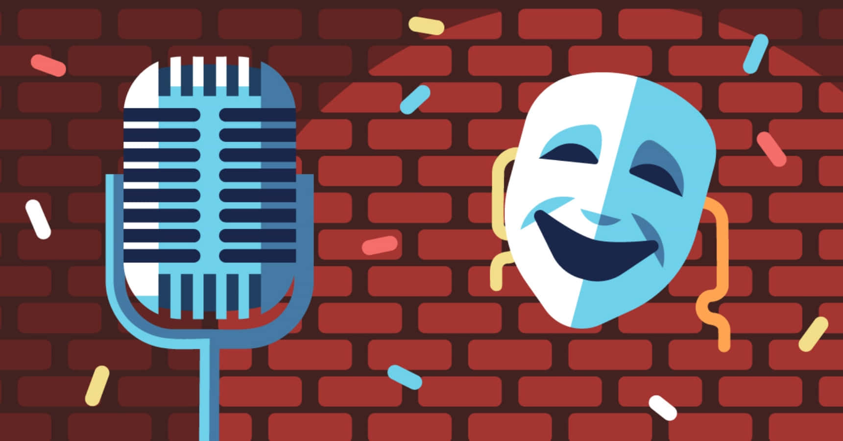 comedy 桌布 壁紙 — 一個藍色復古麥克風和一個分裂的喜劇悲劇面具漂浮在紅磚牆上，伴隨著彩色紙屑。