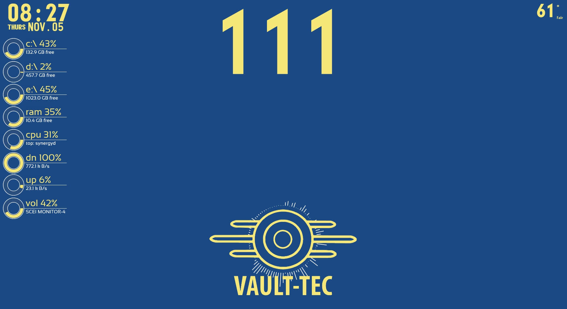 Vault-tec 桌布 壁紙 — 一個藍色數位桌布，在極簡介面上顯示Vault-Tec系統統計數據和大型黃色數字。