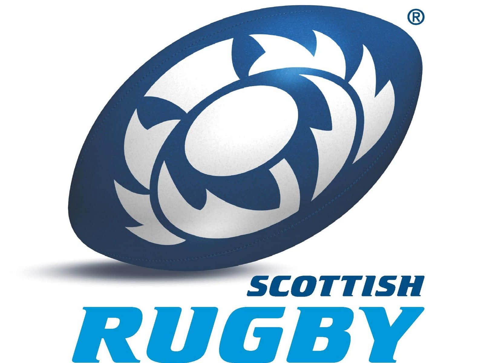 Scotland Rugby 桌布 壁紙 — 一個藍色橄欖球，帶有白色薊花徽章，下方有「SCOTTISH RUGBY」字樣。