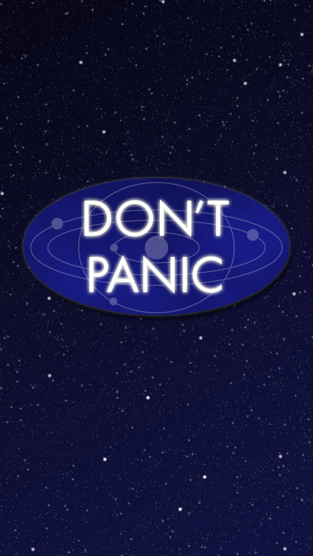 恐慌 桌布 壁紙 — 一個藍色橢圓形，上面有白色文字寫著「DON'T PANIC」，漂浮在滿天星斗的夜空和環繞的行星之間。