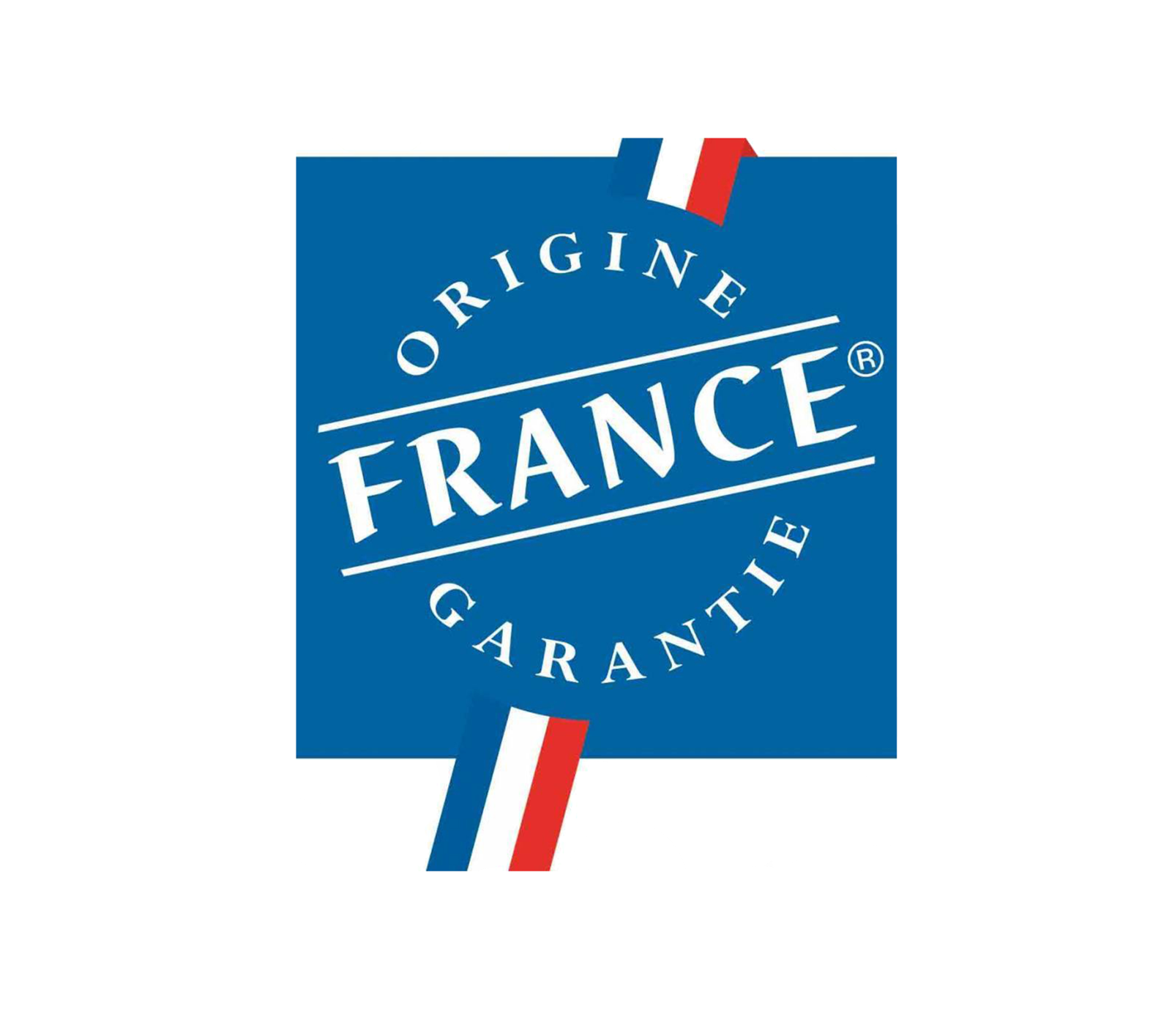 法國 桌布 壁紙 — 一個藍色正方形標誌，上面有白色文字寫著「Origine France Garantie」，頂部和底部有法國國旗顏色，背景為黑色。