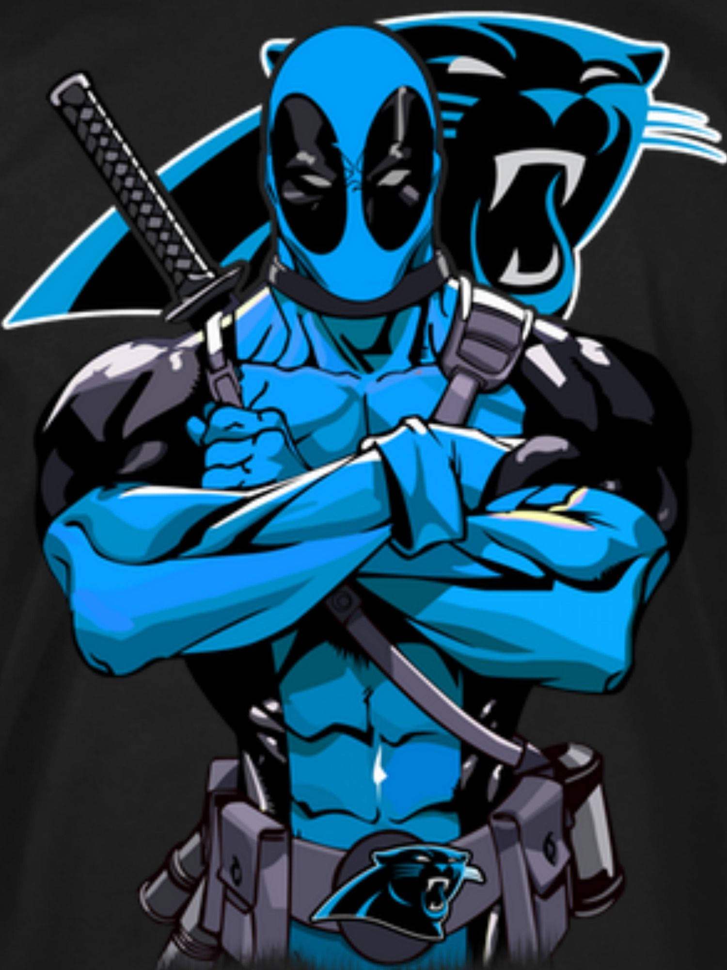 Panthers 桌布 壁紙 — 一個藍色死侍角色交叉雙臂，自信地站在拿著武士刀的卡羅萊納黑豹標誌後面。