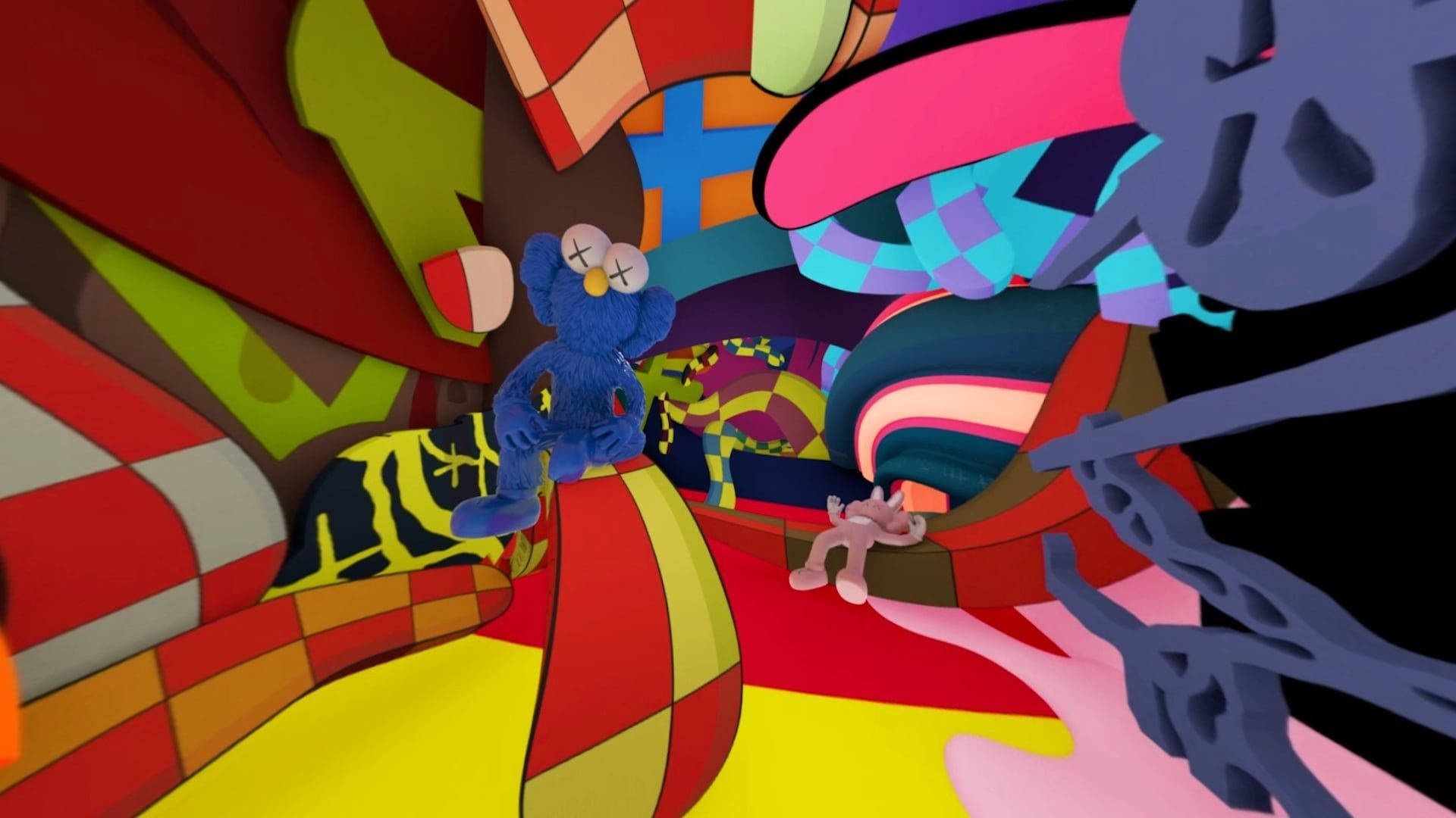 kaws 4K 桌布 壁紙 — 一個藍色毛絨玩具，眼睛呈X形，坐在一個充滿鮮豔幾何形狀和圖案的彩色抽象隧道頂部。