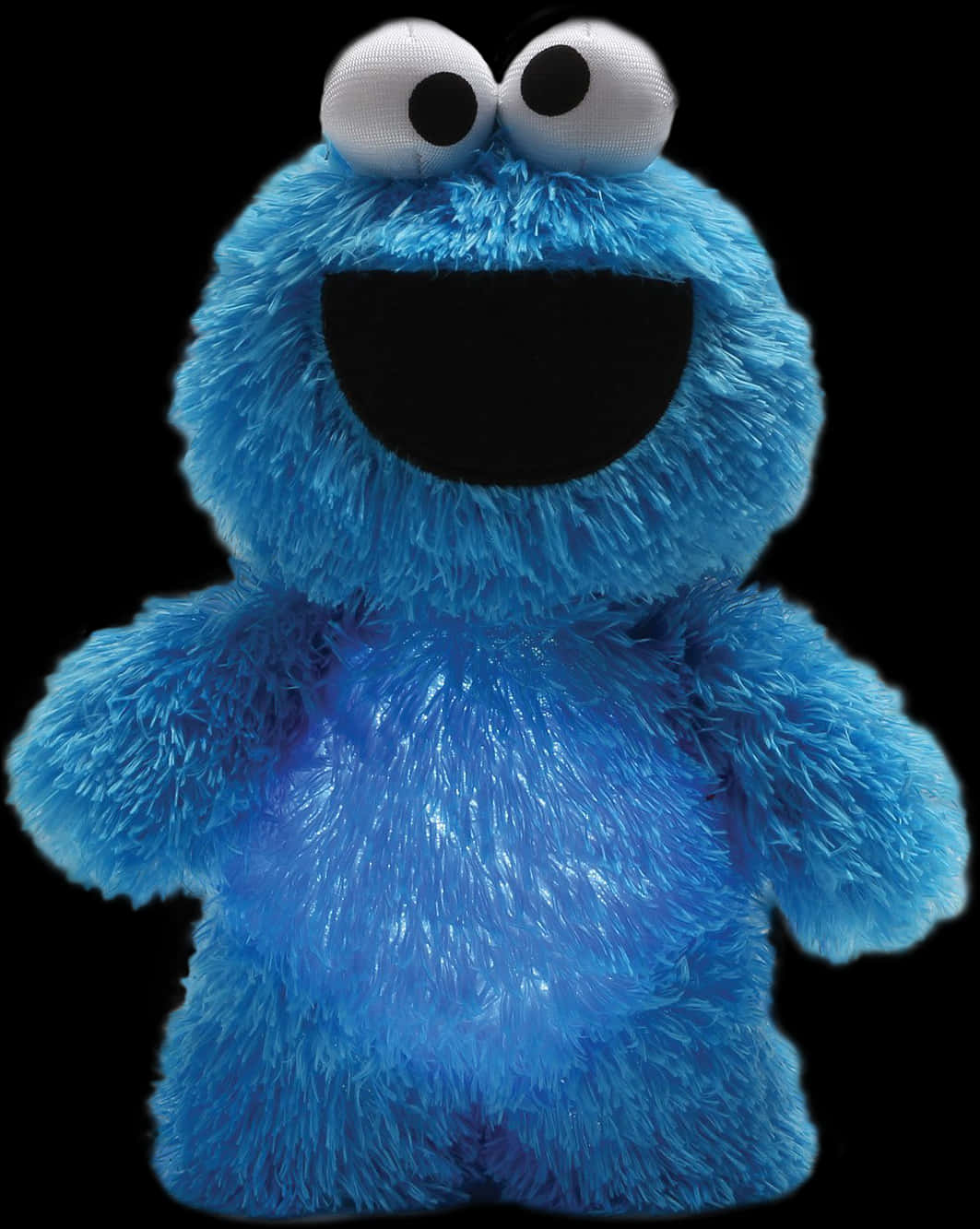 muppets 桌布 壁紙 — 一個藍色毛絨餅乾怪獸玩具，有大大的白色眼睛和寬闊的黑色嘴巴，站在黑色背景前。