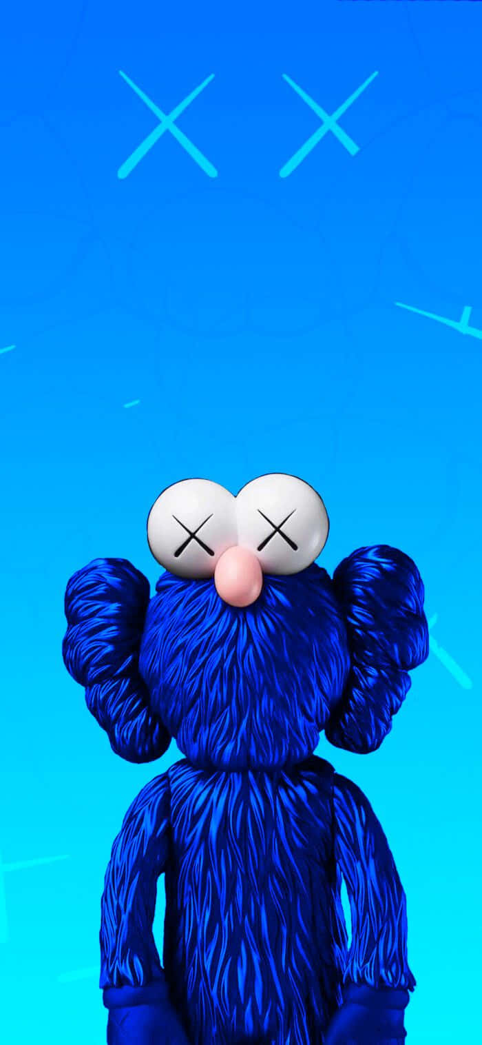kaws 4K 桌布 壁紙 — 一個藍色毛茸茸的KAWS角色，帶有X形眼睛，站在帶有發光X標記的漸變藍色背景前。