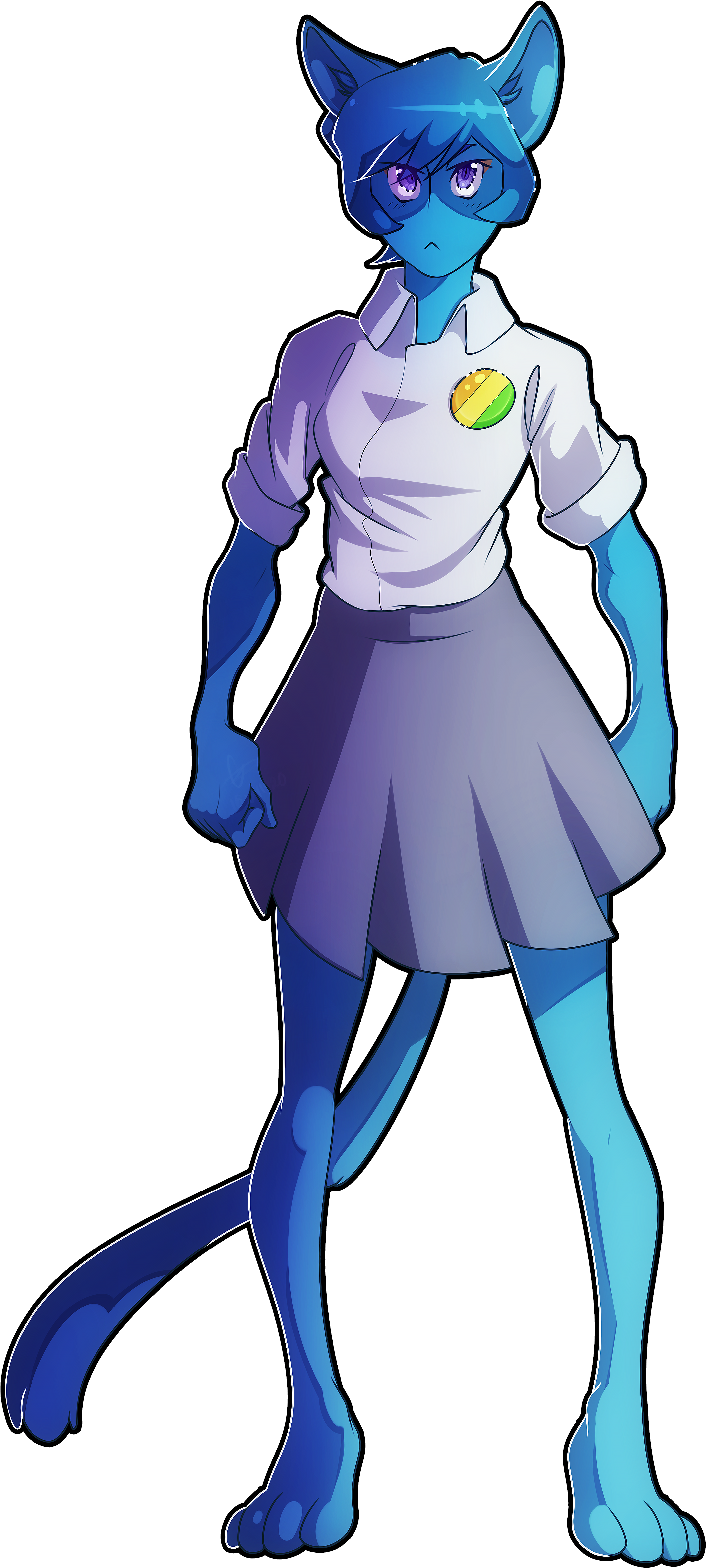 阿甘妙世界 桌布 壁紙 — 一個藍色毛髮的擬人化貓女，穿著白色襯衫和紫色裙子，自信地站在黑色背景前。