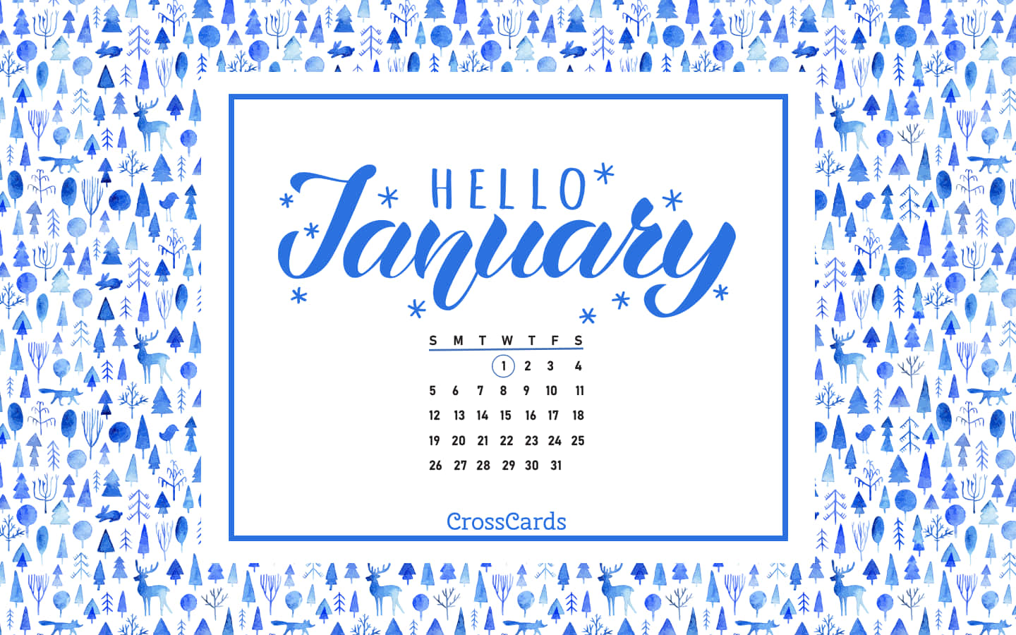 Hello January 桌布 壁紙 — 一個藍色水彩一月日曆，以雪地森林圖案為框，有鹿和樹木。