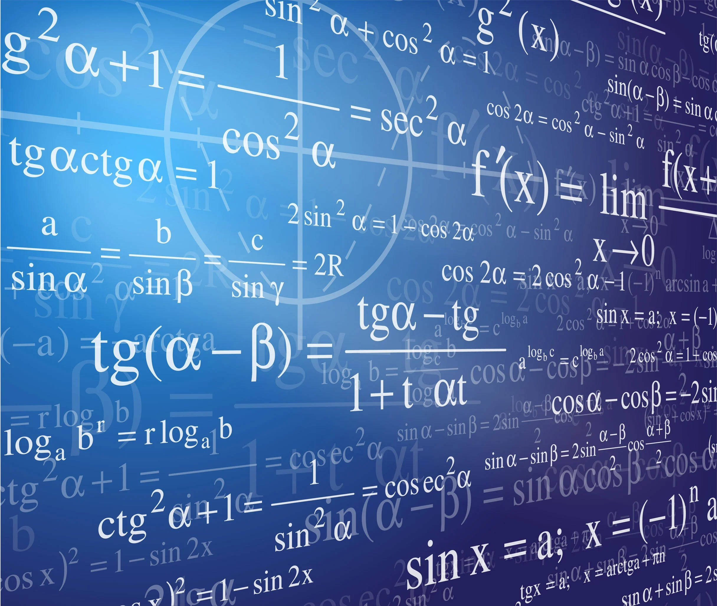 Numbers 桌布 壁紙 — 一個藍色漸層背景，充滿了白色文字的浮動數學公式和方程式。