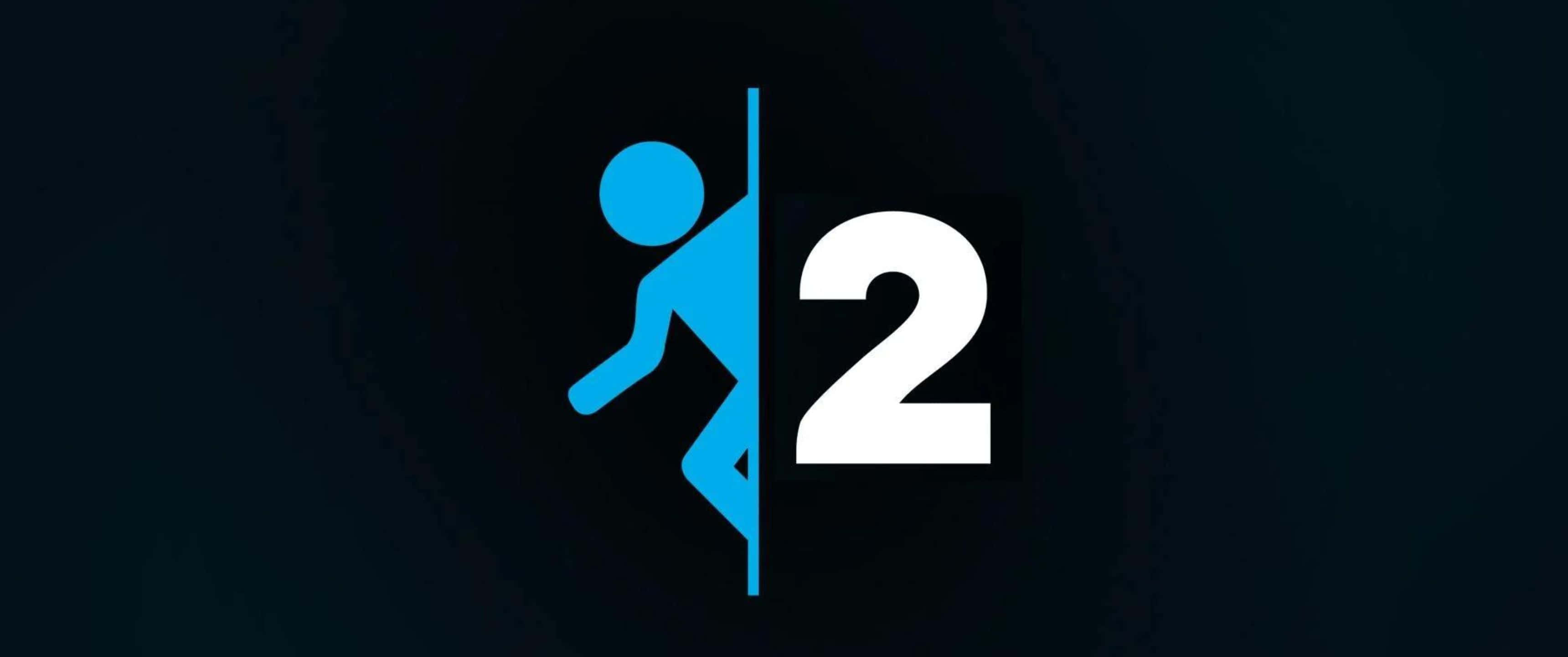 3440x1440p Portal 2 桌布 壁紙 — 一個藍色火柴人攀爬者在深色背景上，在一個大白色數字二旁邊攀爬一條垂直線。