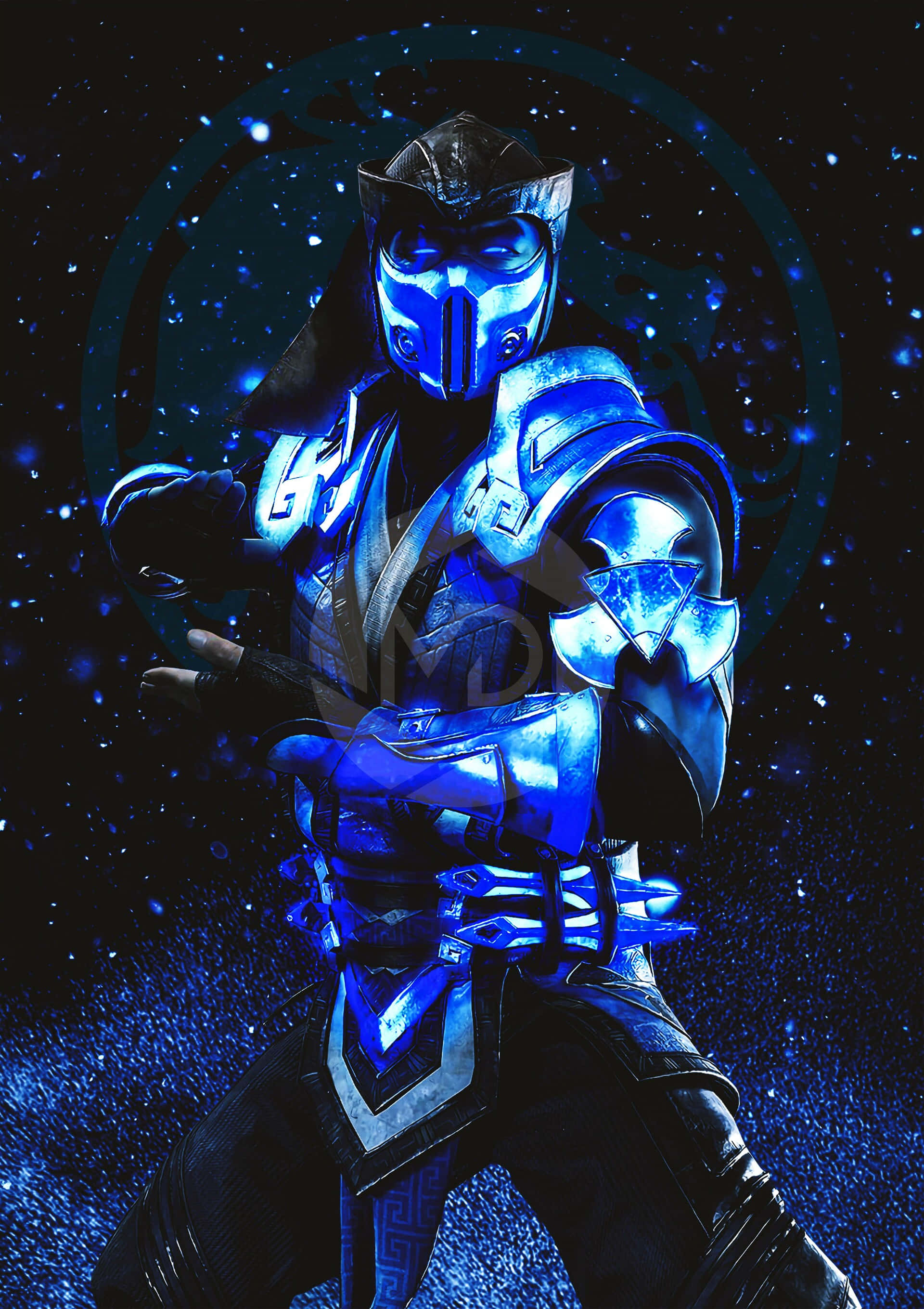 Mortal Kombat Sub-zero 桌布 壁紙 — 一個藍色照亮的裝甲戰士，在宇宙星空背景下擺出戰鬥姿勢。