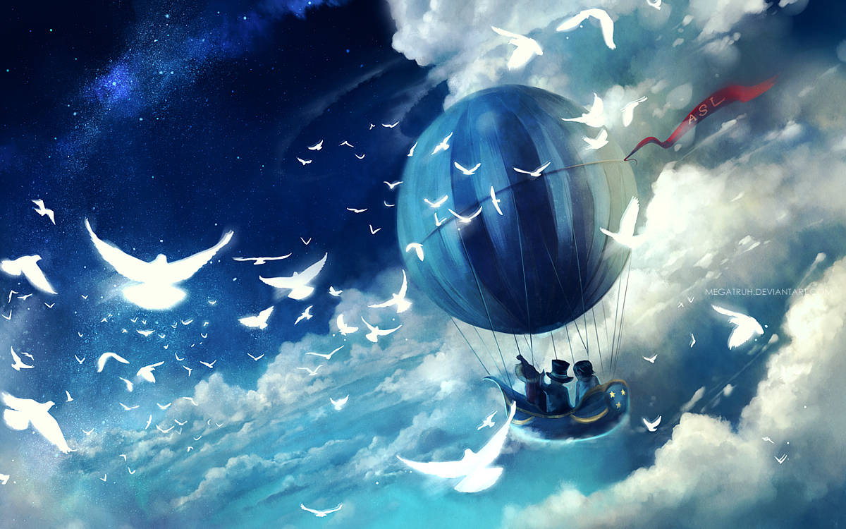 One Piece Desktop 桌布 壁紙 — 一個藍色熱氣球在星光熠熠的夜空飄浮，周圍有發光的白鴿和旋轉的雲朵。