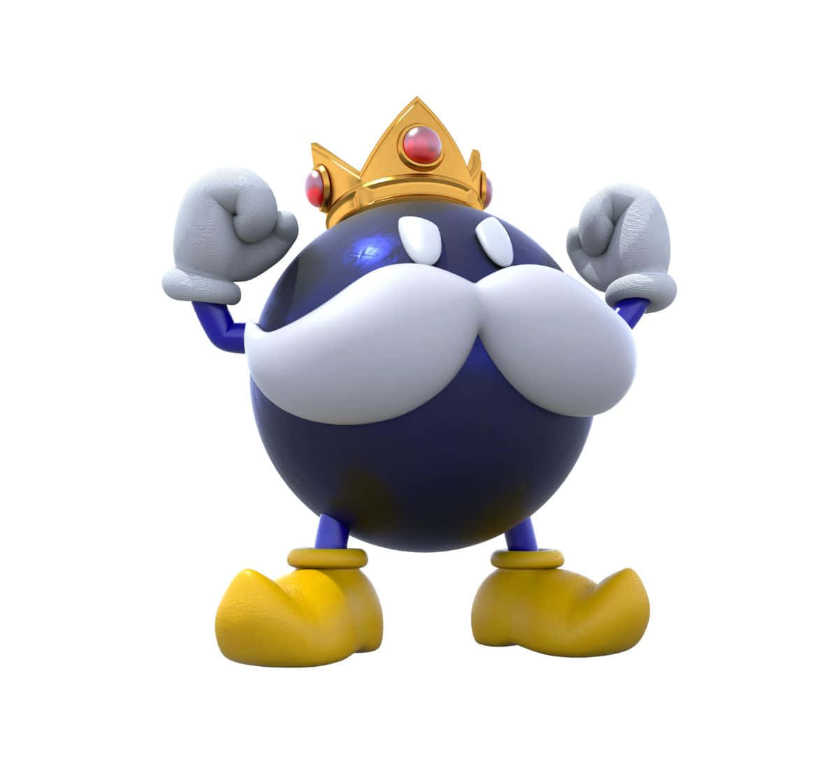 Bob-omb 桌布 壁紙 — 一個藍色球形國王，留著白色鬍子，戴著金色王冠，在白色背景前握緊拳頭。