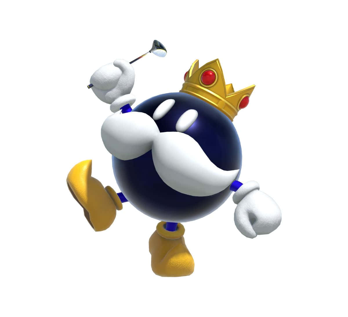 Bob-omb 桌布 壁紙 — 一個藍色球形國王，留著白色鬍子，戴著金色皇冠，在白色背景上揮動高爾夫球桿。