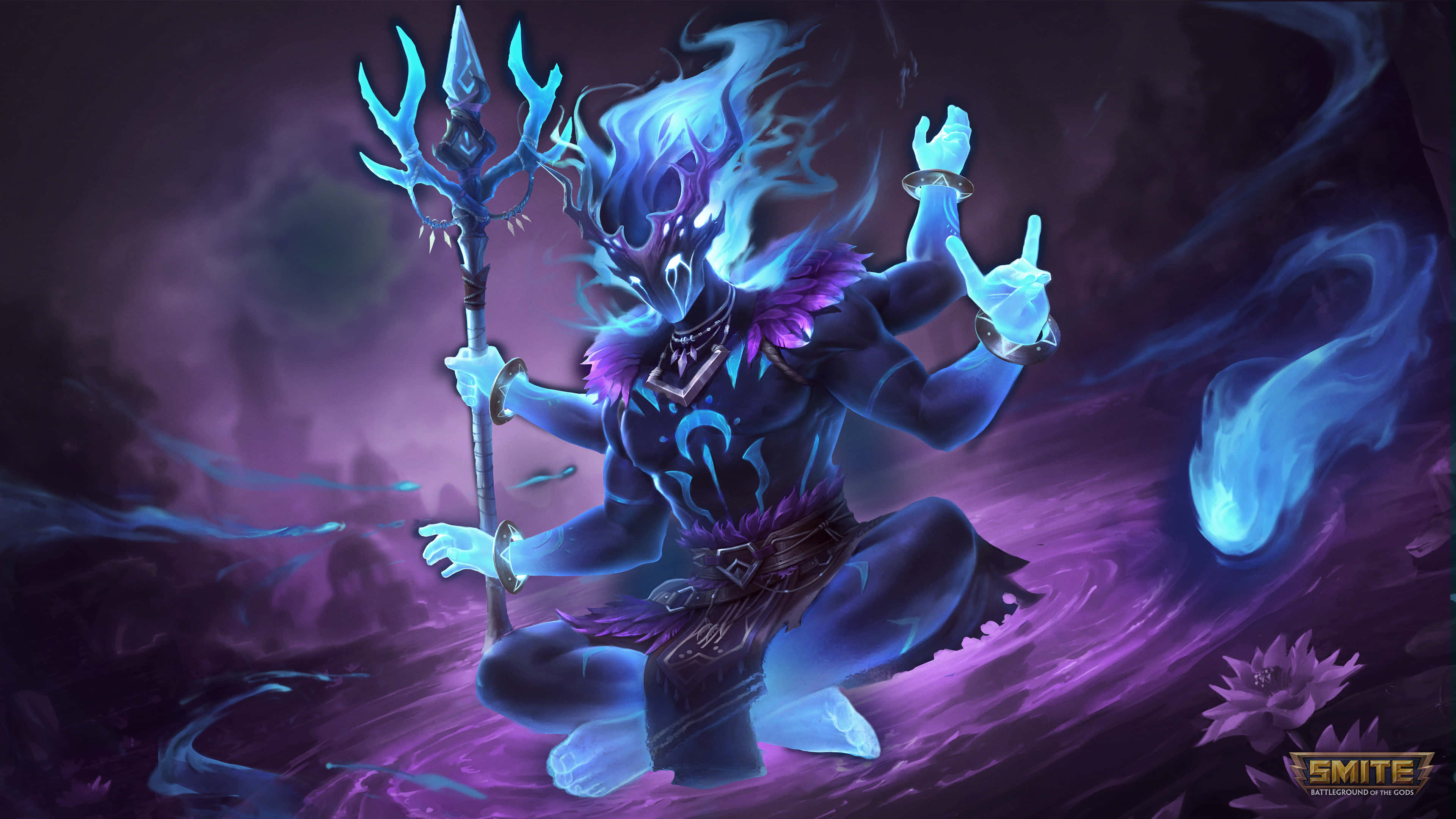 濕婆 桌布 壁紙 — 一個藍色發光的惡魔形象，長有鹿角並手持三叉戟，坐在旋轉的紫色能量和漂浮的蓮花之中。