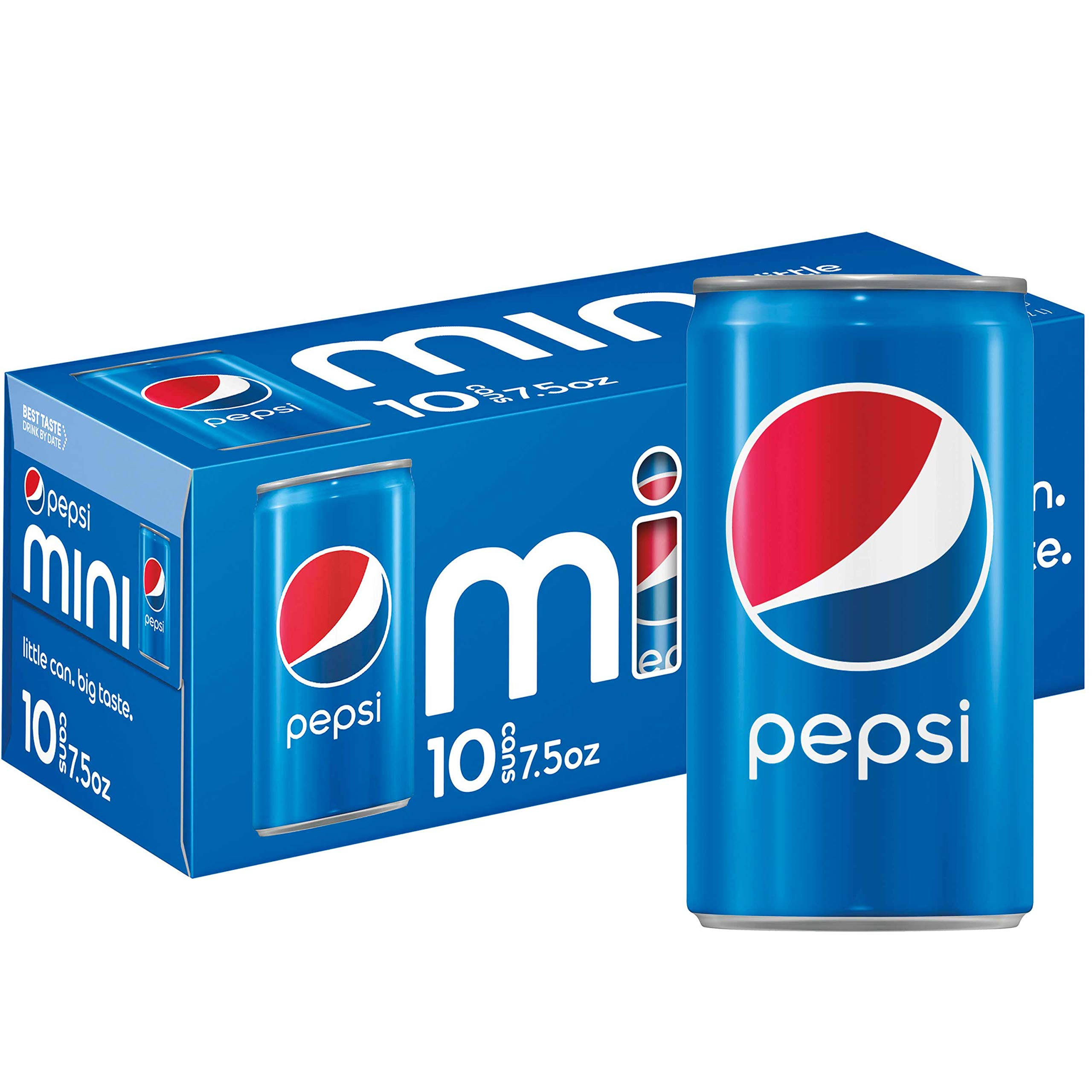 pepsi 桌布 壁紙 — 一個藍色百事可樂迷你罐放在其相配的10罐裝盒前面，背景為純白色。