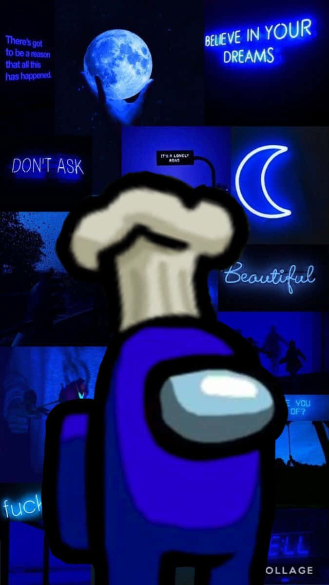Among US Blue 桌布 壁紙 — 一個藍色的Among Us角色戴著廚師帽，站在由霓虹燈牌和月亮圖像組成的拼貼畫前，背景是深藍色的數位藝術場景。