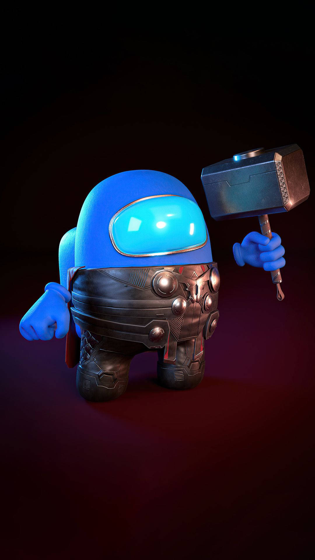 藍色Among Us角色扮成Thor，在黑暗的工作室燈光下拿著Mjolnir。 — Among US 壁紙