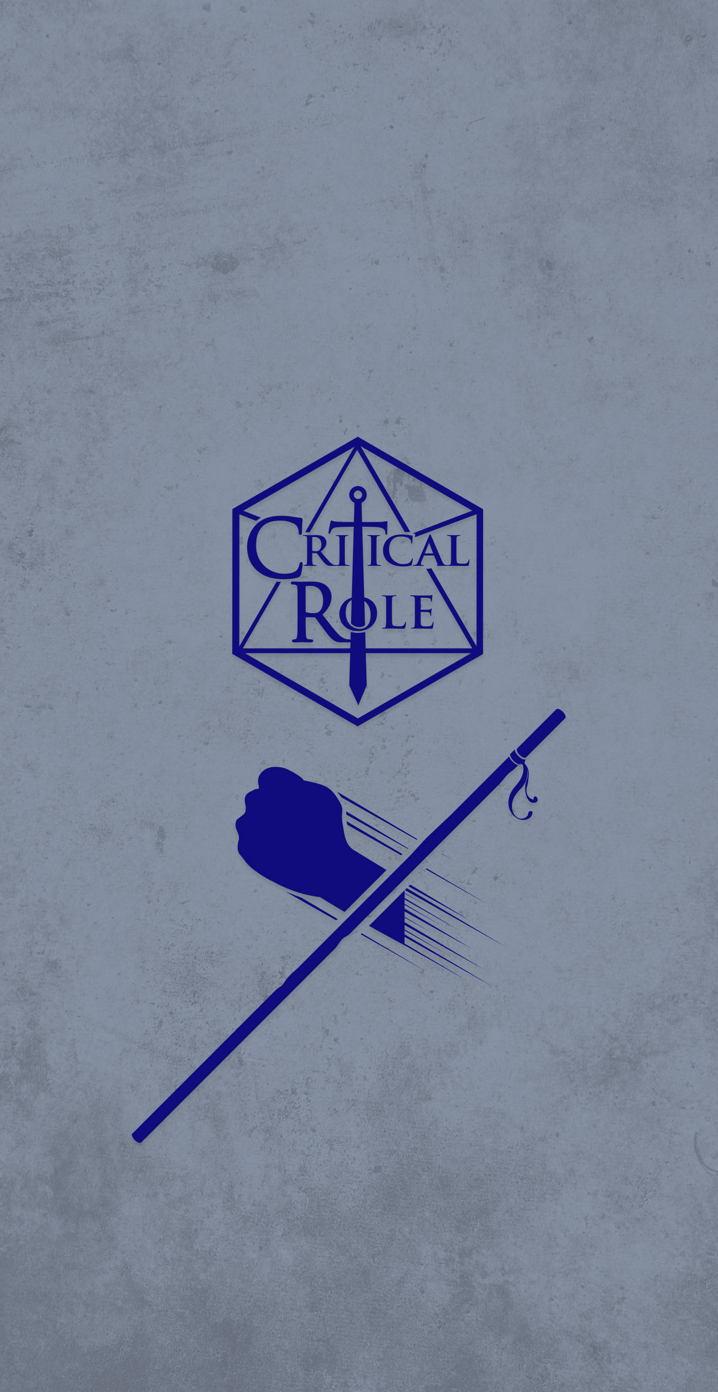Role 桌布 壁紙 — 一個藍色的Critical Role標誌，六邊形內有一把劍，拳頭握著一根杖，背景為有紋理的灰色。